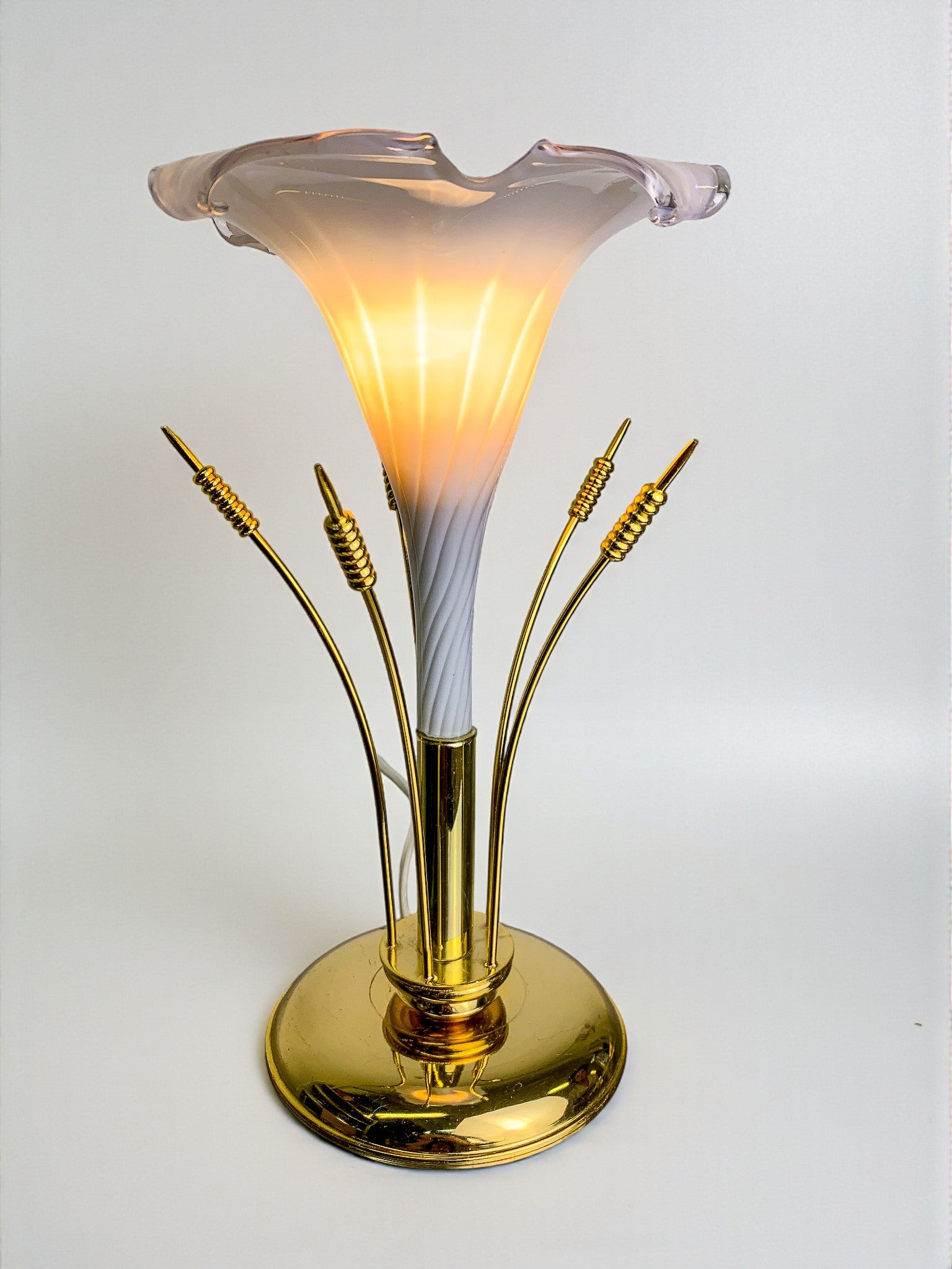 Italian White Calla Lily flower table lamp, murano glass, Circa 1970