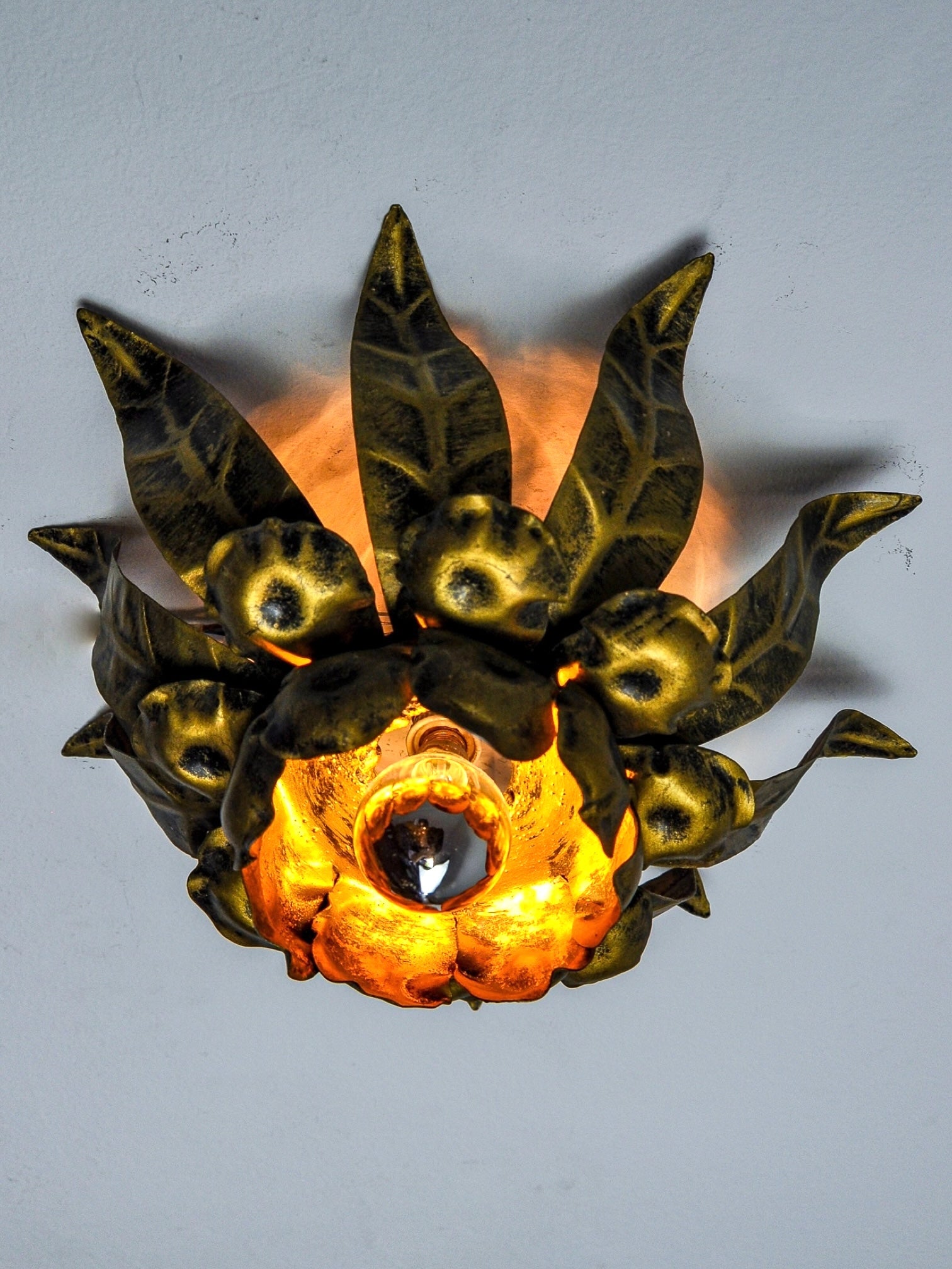 Ferro Art Spanish Sunburst Ceiling Light, Gilt Wrought Iron, 1960s