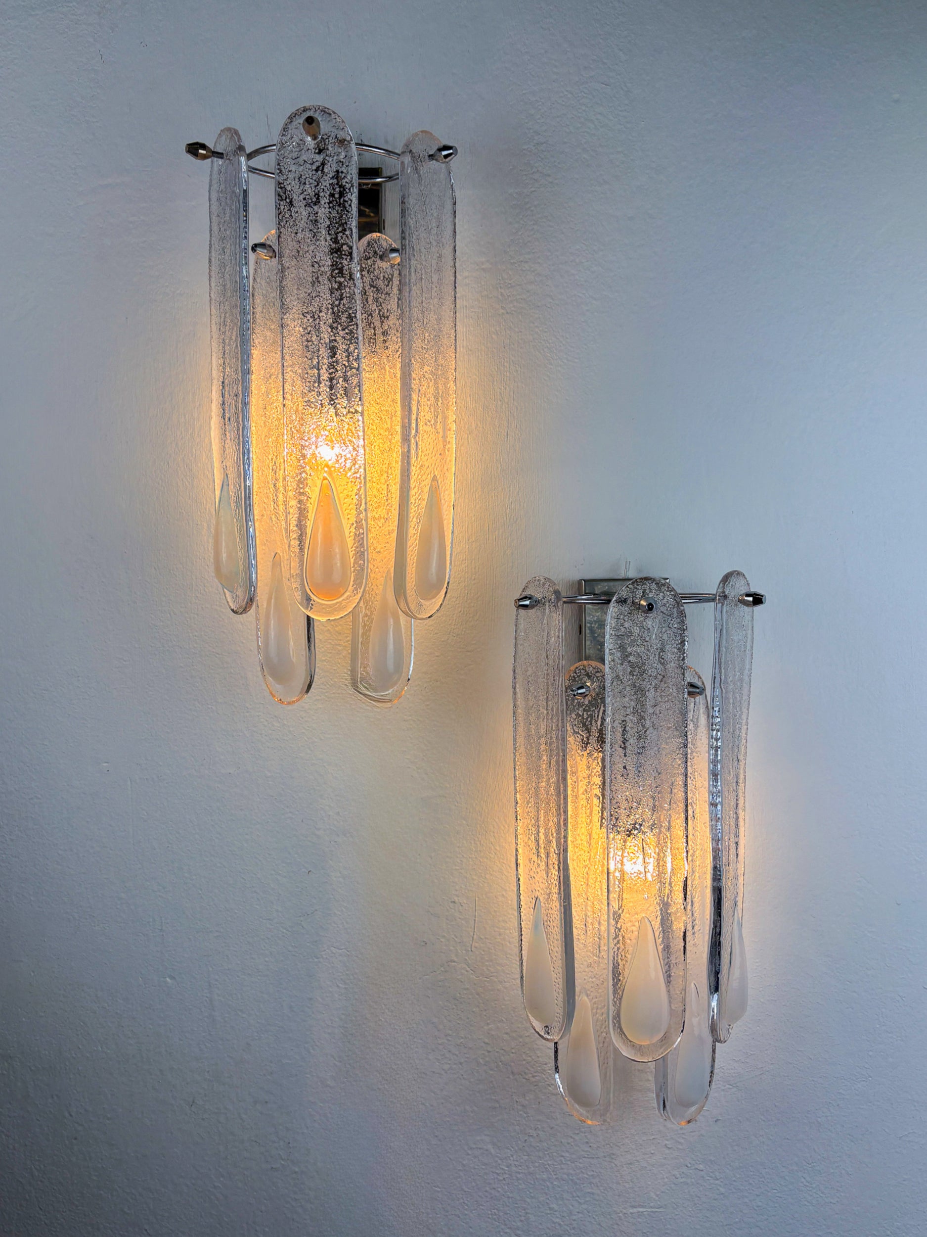 Pair of 2-tier Murano Mazzega wall lights, Iridescent White Frosted Glass, Italy, Circa 1960's