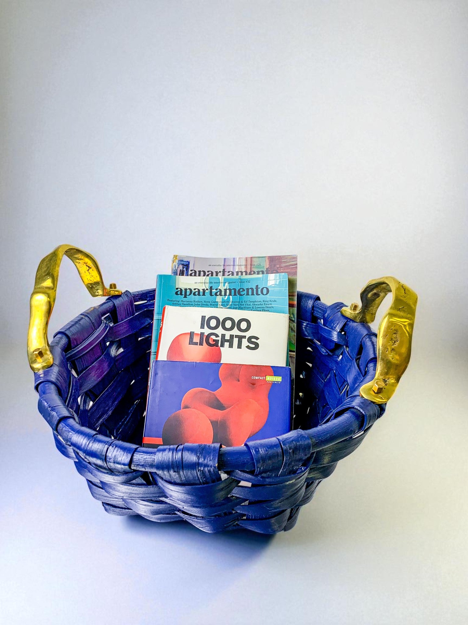 Brutalist large Basket by David Marshall,Cobalt blue rattan & bronze handle, 1980's