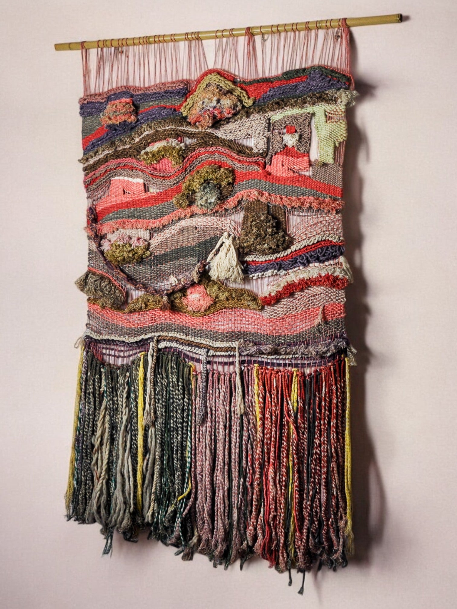 Textured macrame wall hanging, wool, Spain, Circa 1970s