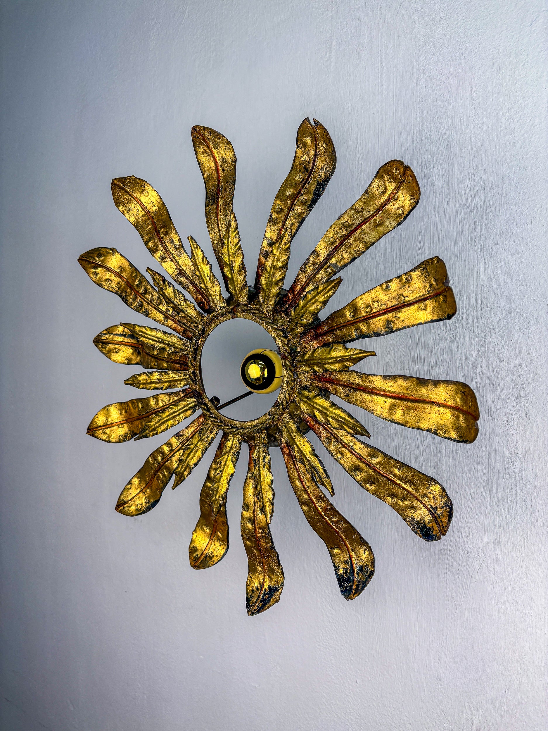 Large Spanish Sunburst Flower Leafed Light Fixture in Gilt Metal, 1960's