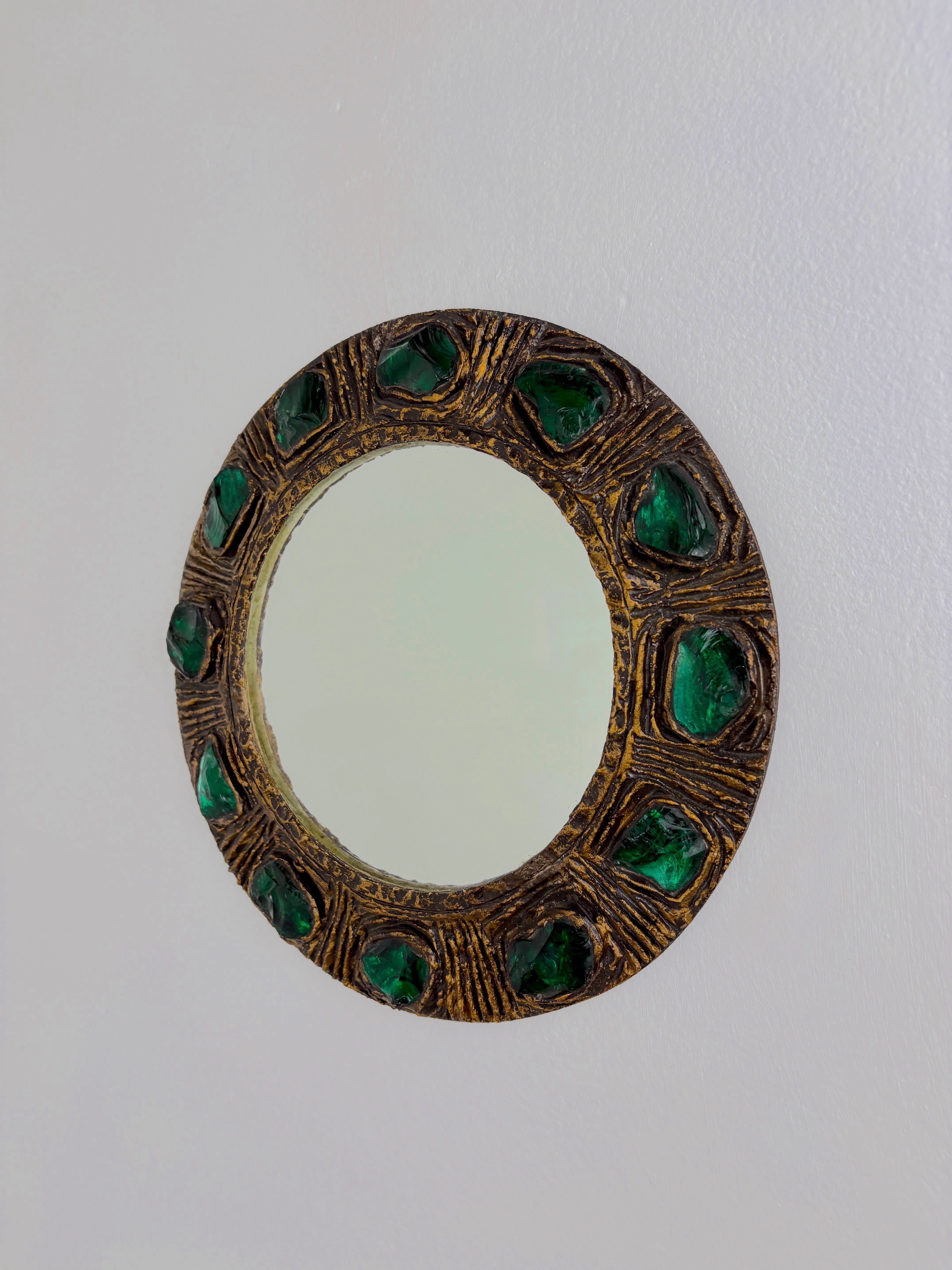 Italian Mid-Century Mirror by Creaciones Gobesso, Green Murano Rock Crystals, 1960s
