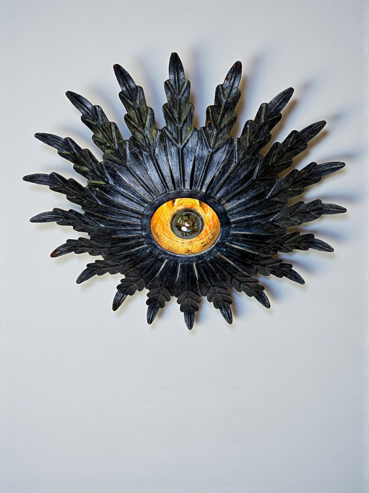 Spanish Sunburst Ceiling Light – Dark Gilt Metal Rays, 1950s