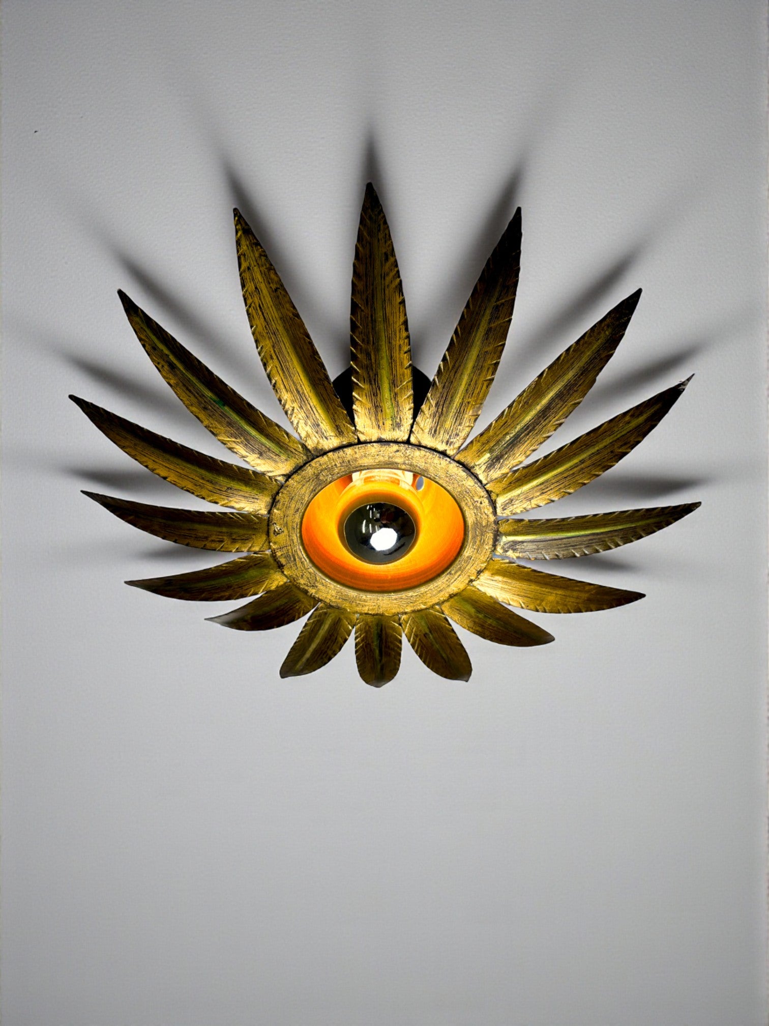 Spanish Sunburst Flush Mount Light Fixture in Gilt Iron, Ferro Art, 1960's