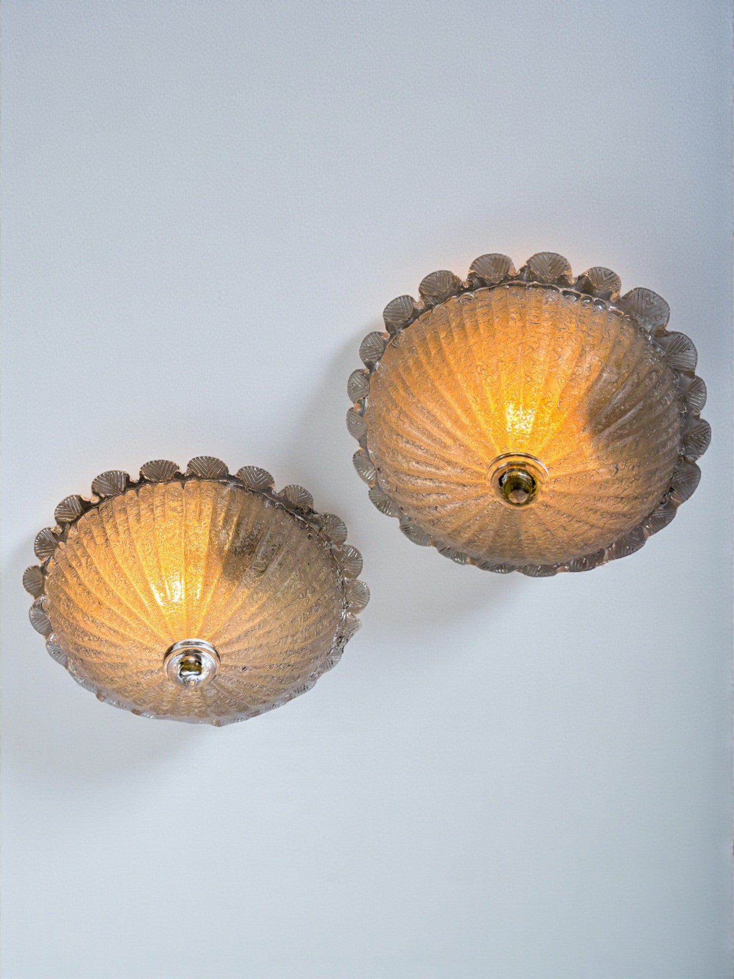 Pair of Murano Glass Scalloped Flushmount Ceiling Lights, Italy 1960s
