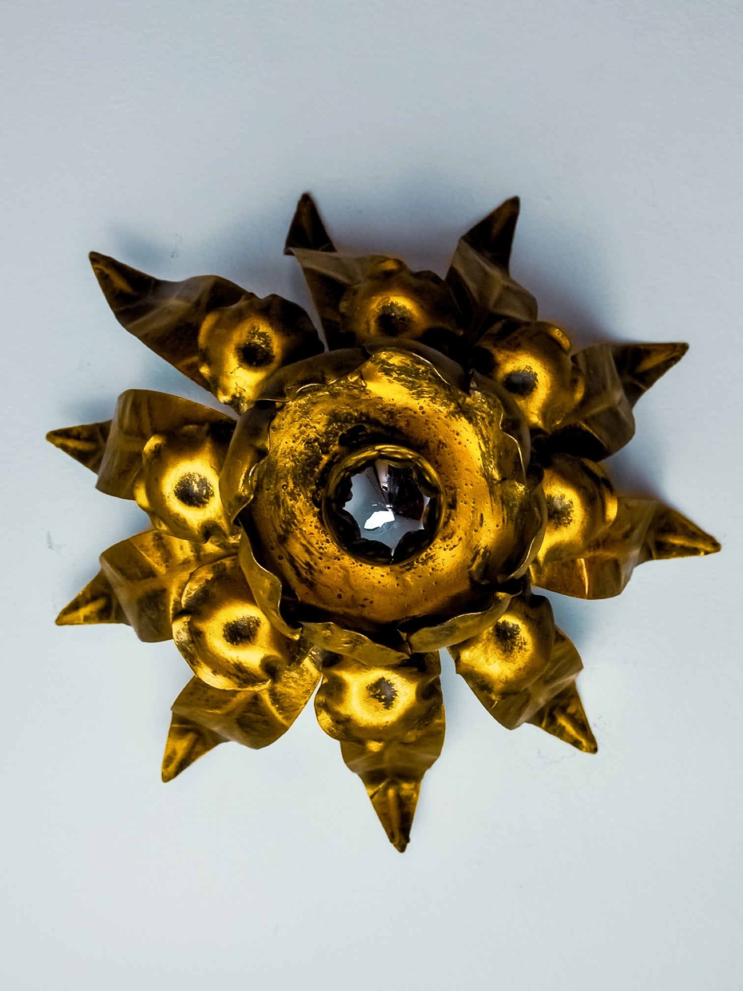 Ferro Art Spanish Sunburst Ceiling Light, Gilt Wrought Iron, 1960s