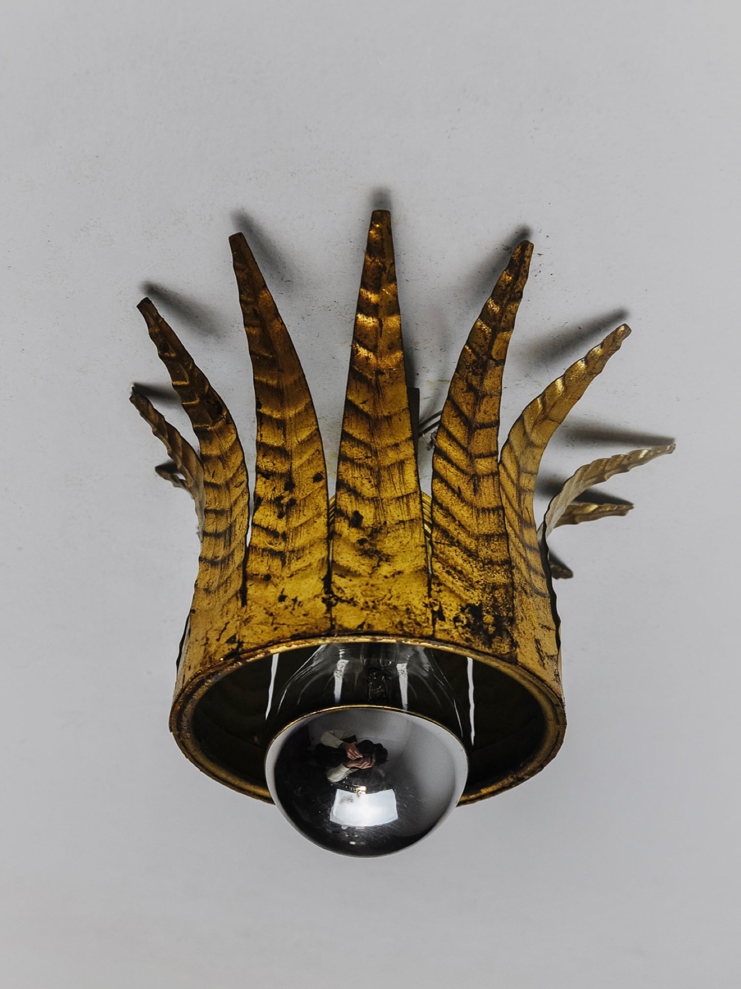 Sun Ceiling Light by Ferro Arte in Gilt Metal and Gold Leaf, Spain, 1960s