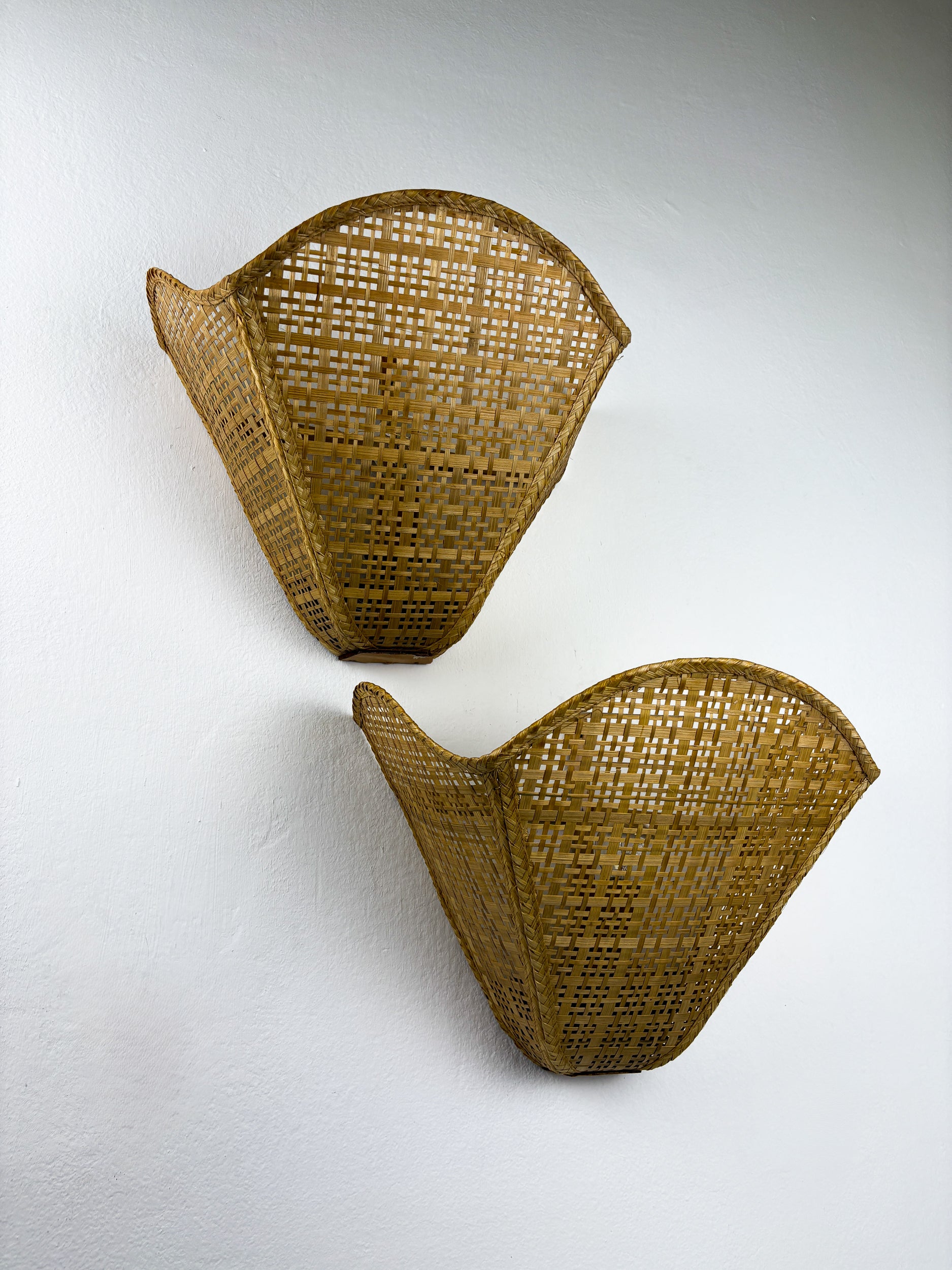 Pair of Scalloped Rattan Wall Sconces,  Sourced in Spain, 1980's