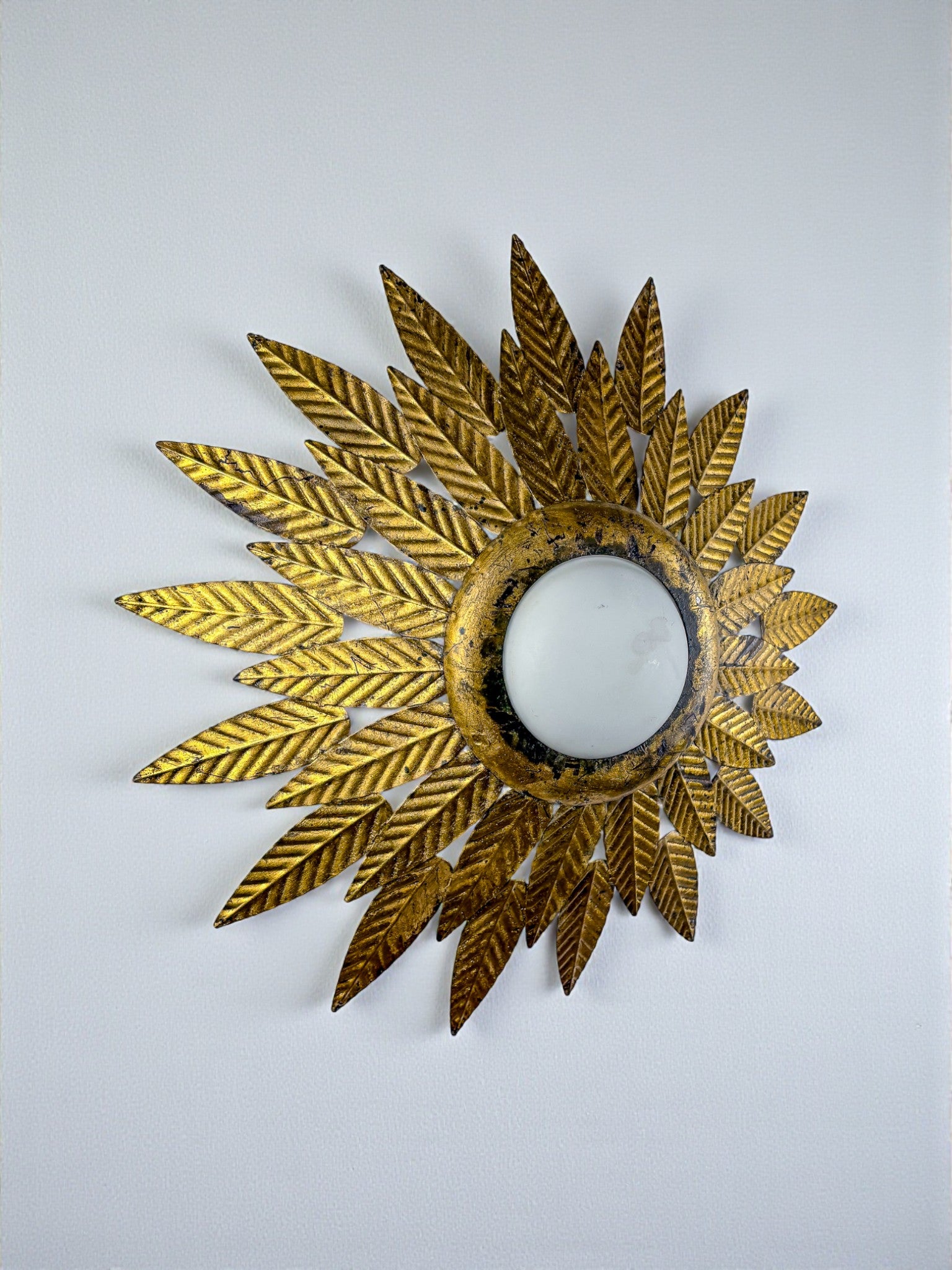 Flower Sunburst Ceiling Light Fixture, Gold Leaf Gilt Iron & Milk Glass, Spain, 1950s