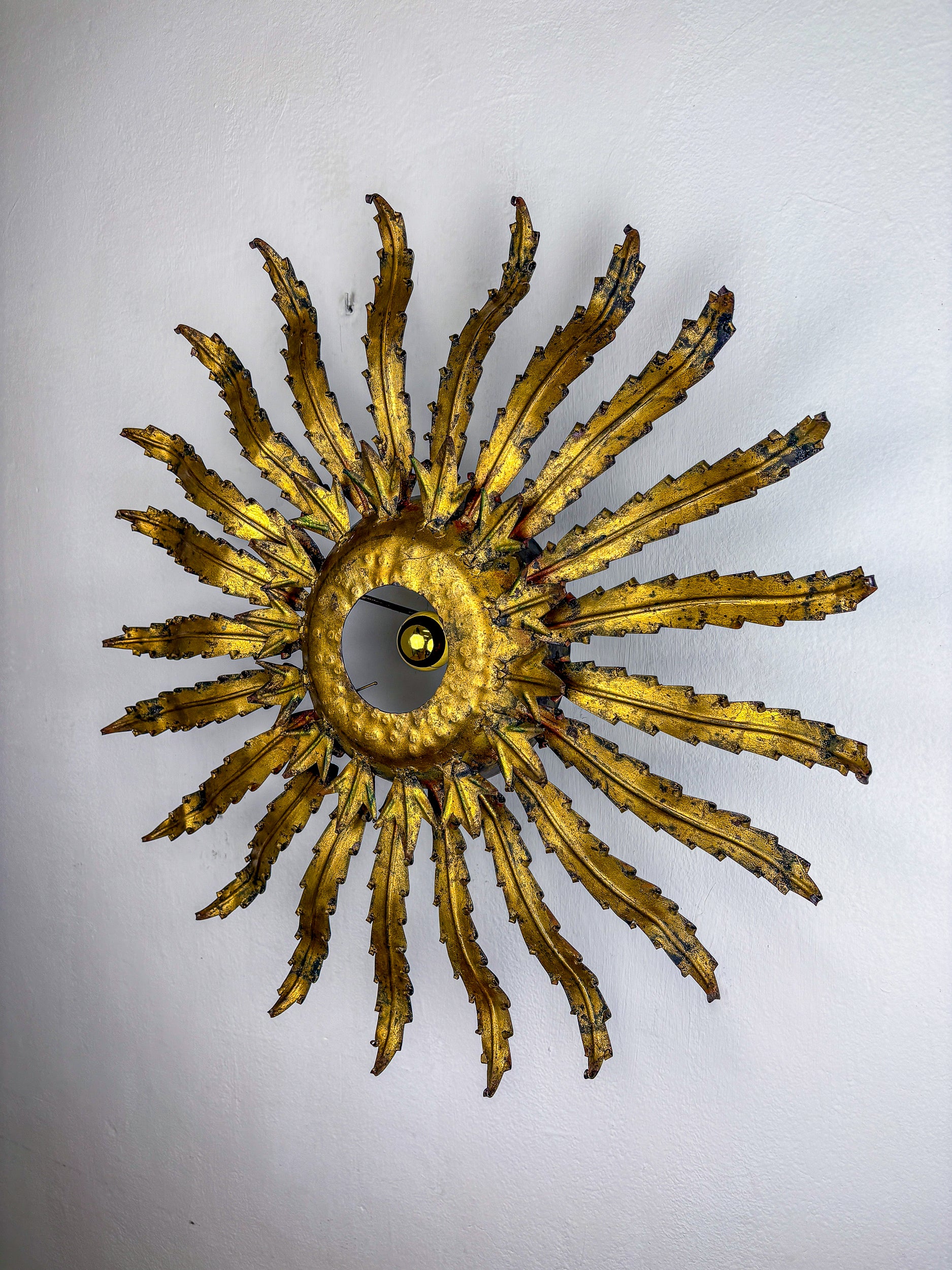 Large French Sunburst Flower Leafed Light Fixture in Gilt Metal, 1960's