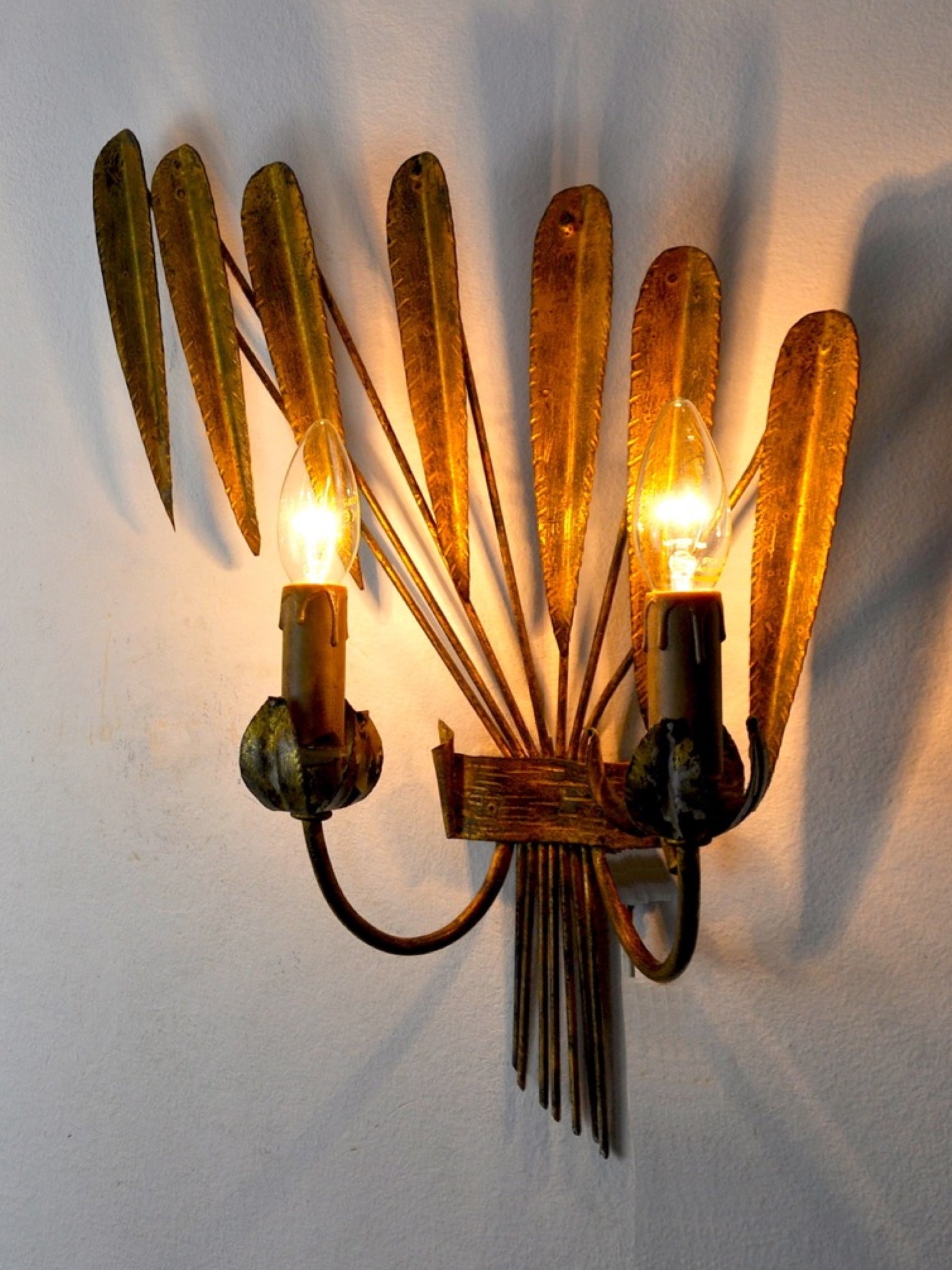 Large Pair of Gilt Metal Floral Wall Sconces, Italy, 1950s