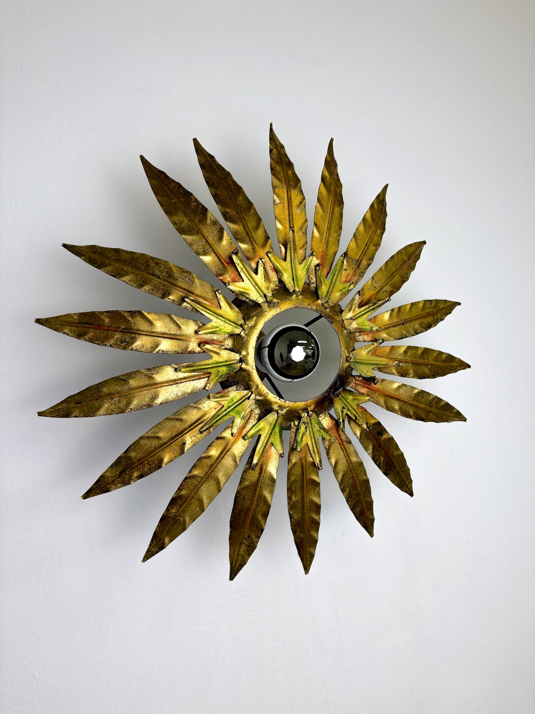 Mid-Century Modern Sunburst Light Fixture with Leaves, French Craftmanship, 1950's