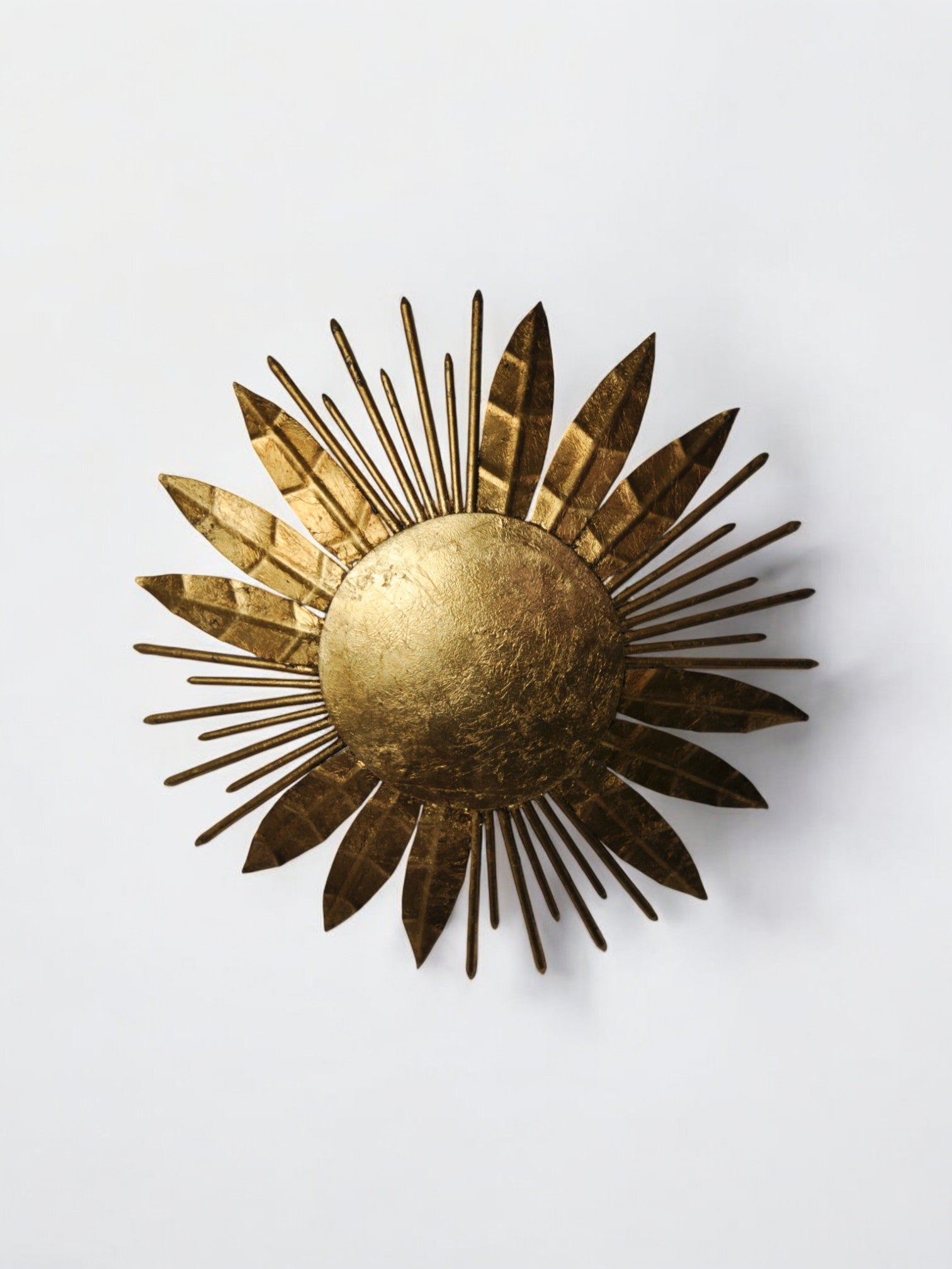 Brutalist sunburst flush mount light fixture, gold leaf gilded metal, Italy, 1970