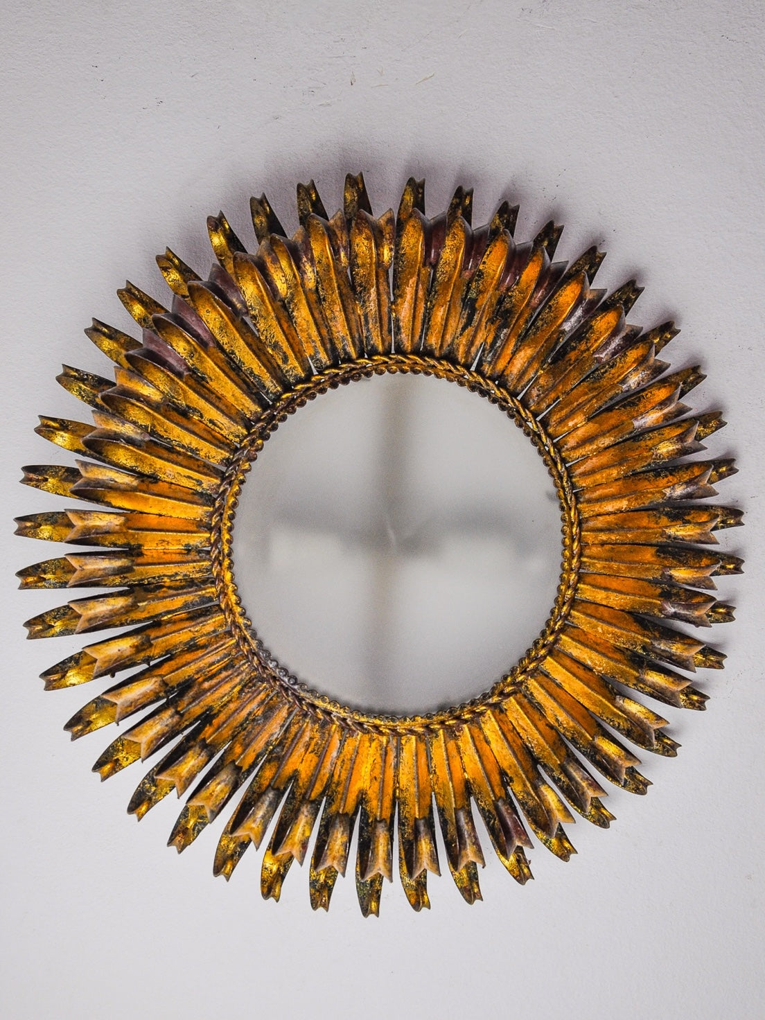 Spanish Sunburst Ceiling Light in Gilt Metal with Curled Floral Rays, 1960s