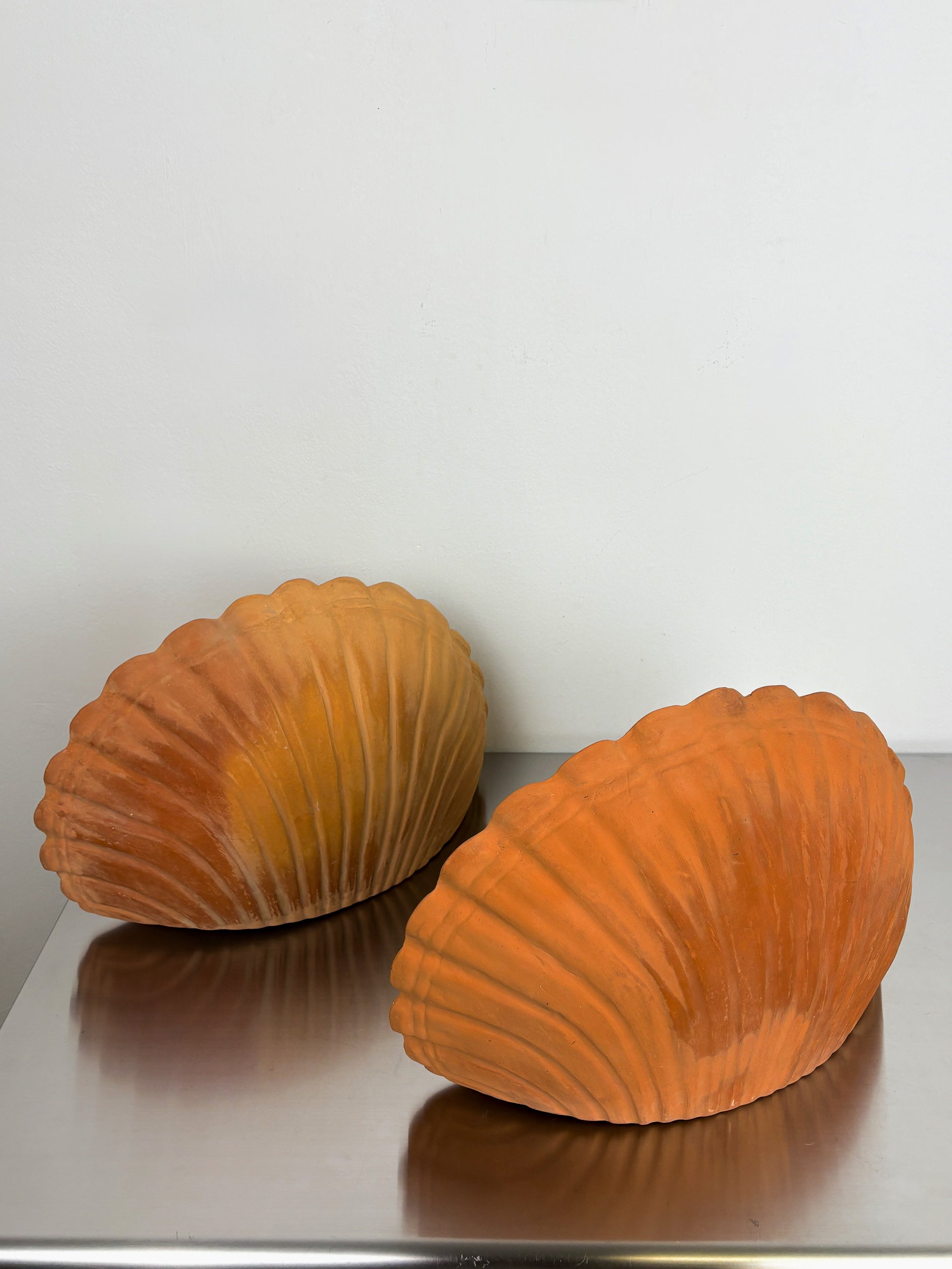 Pair of vintage italian Shell Wall sconces, large terracota sculptures, Circa 1980's