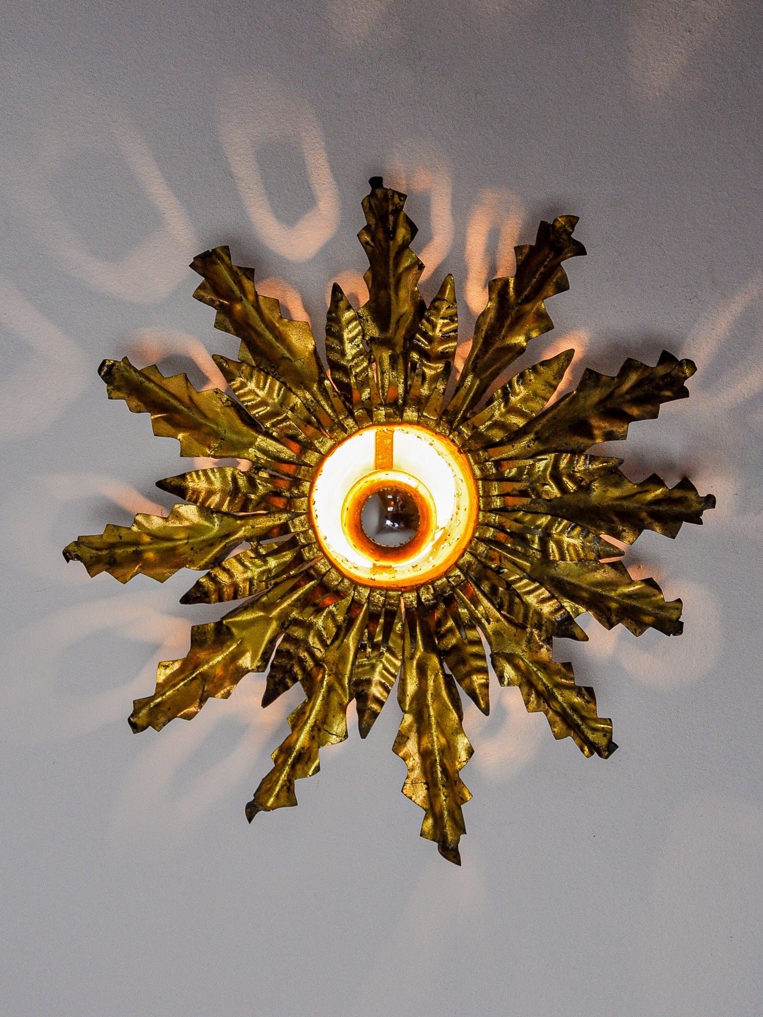 Brutalist Spanish Sunburst Ceiling Light, Gilt Metal Floral Rays, 1950s
