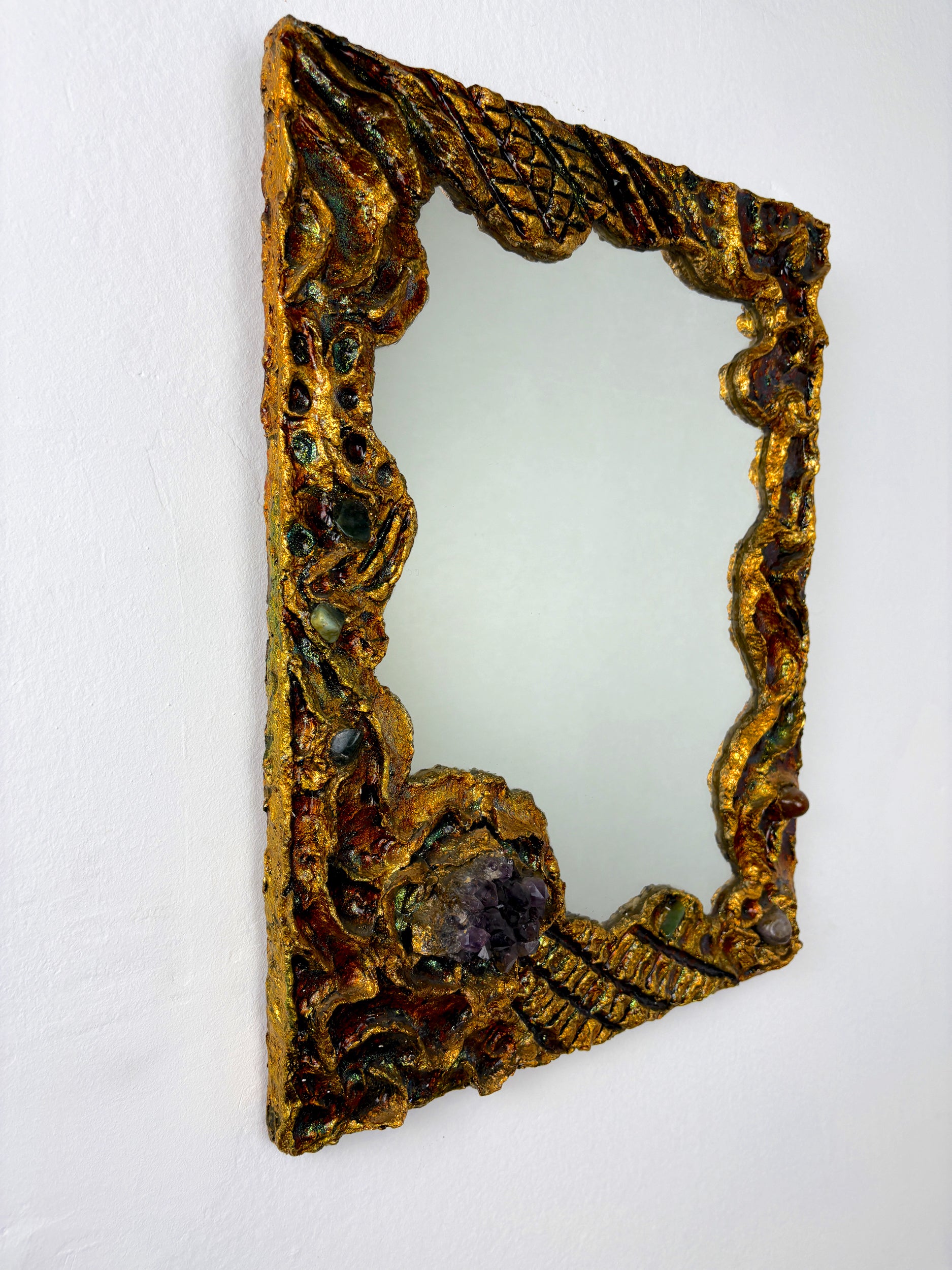 Italian Brutalist Resin and Stones Mirror, 1970's