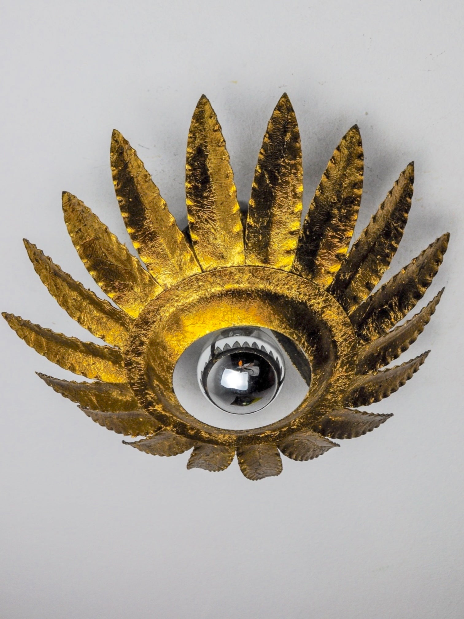 Sunburst Ceiling Light in Gilt Metal and Gold Leaf by Ferro Arte, Spain, 1960