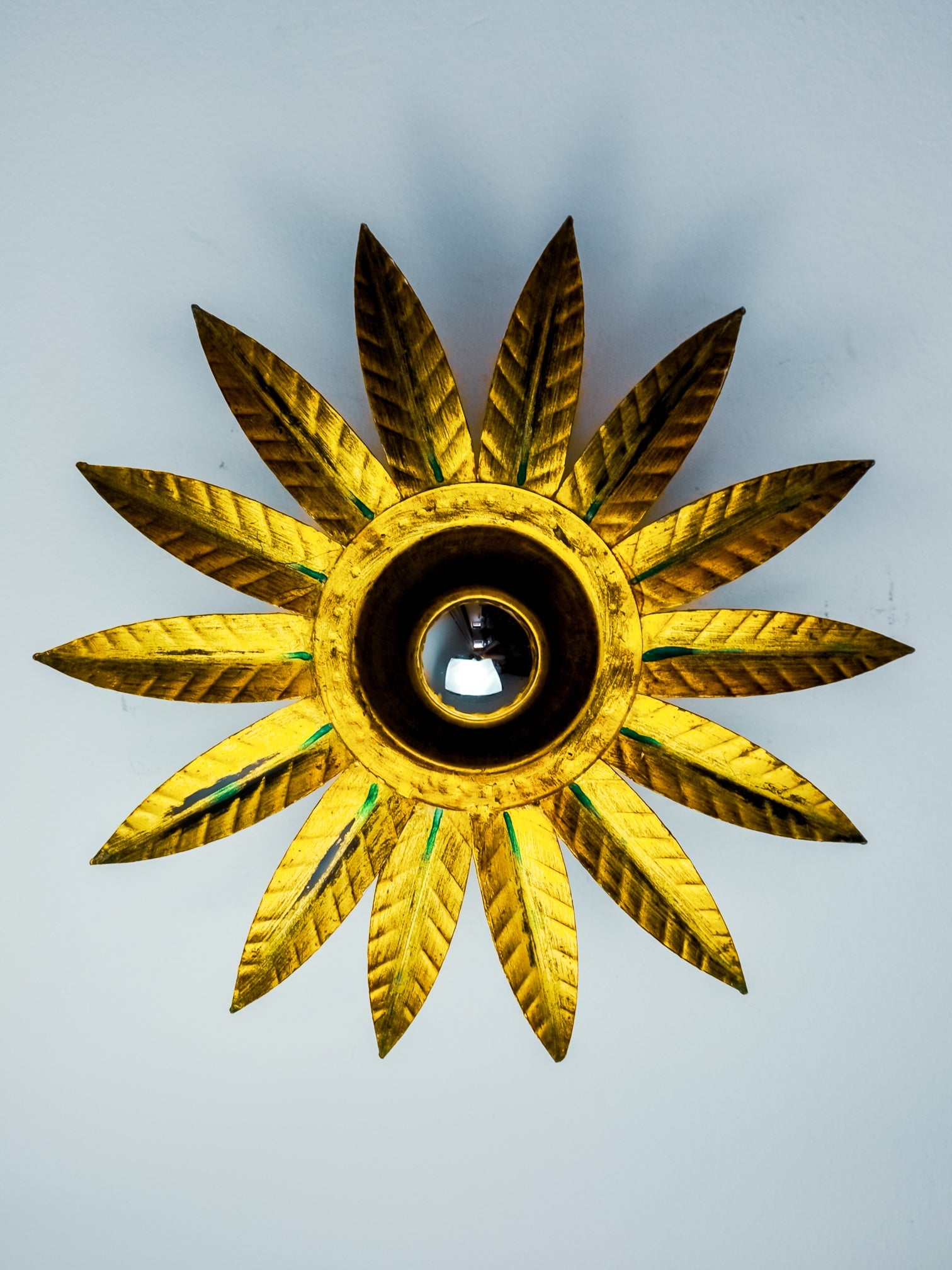Mid-Century Spanish Sunburst Flush Mount Light in Gold Iron by Ferro Art