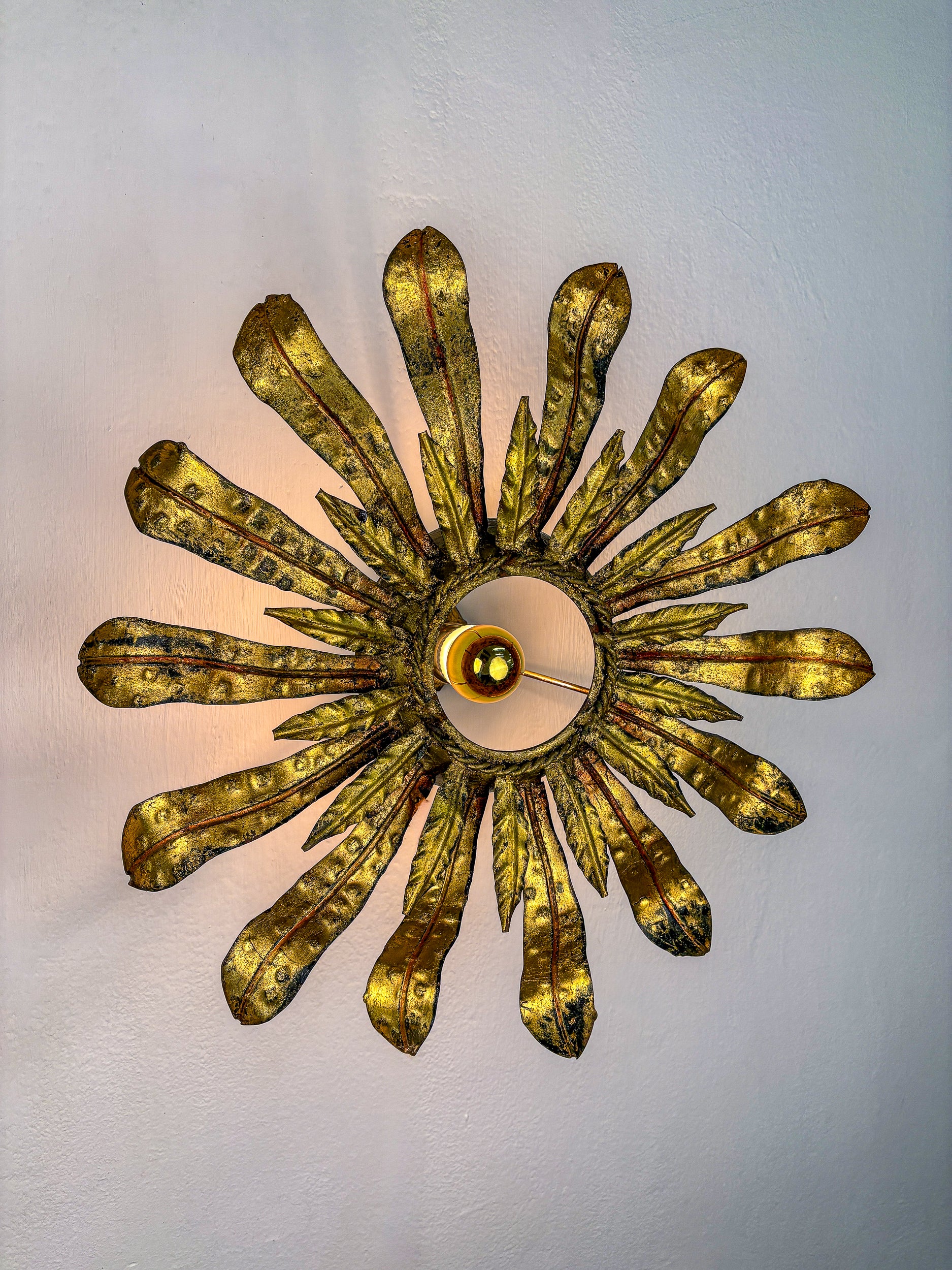 Large Spanish Sunburst Flower Leafed Light Fixture in Gilt Metal, 1960's