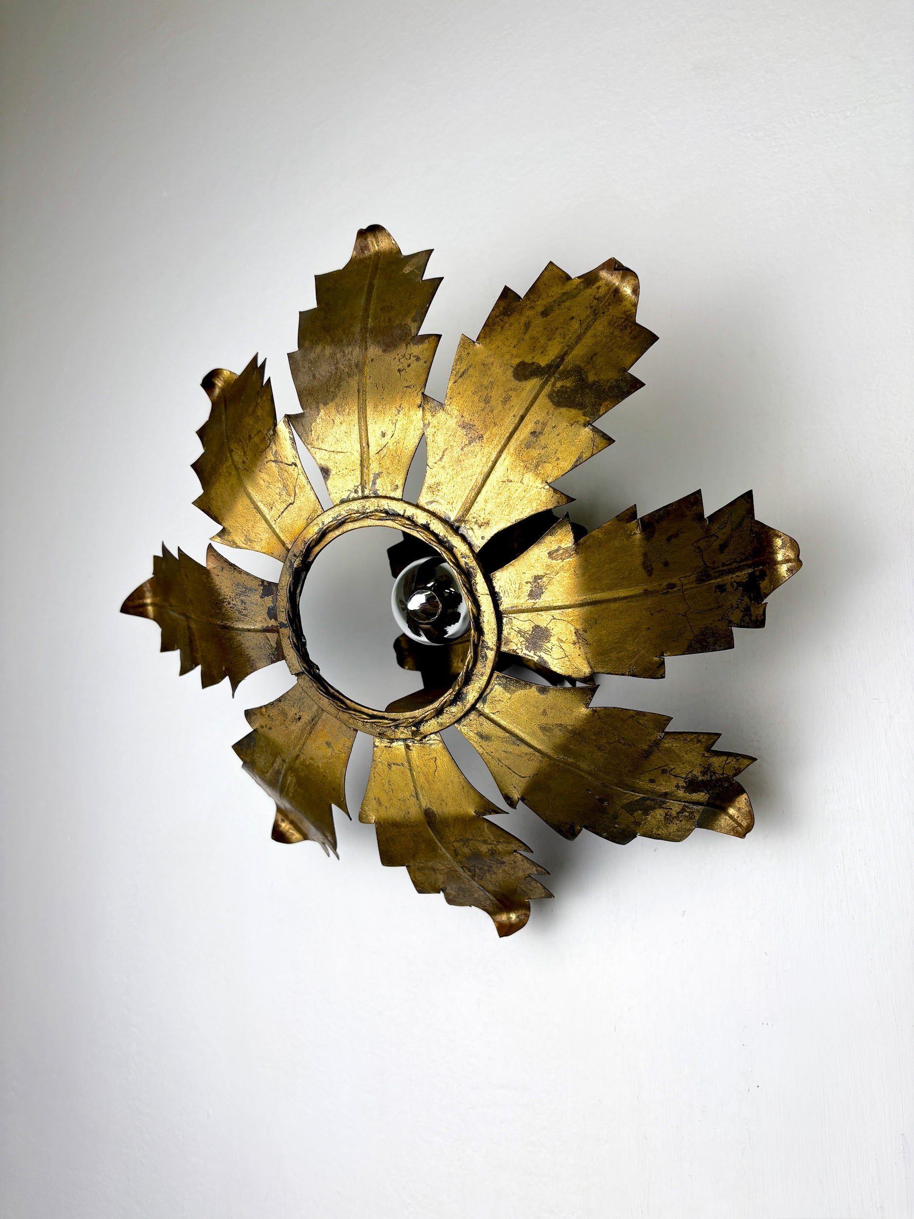 Spanish Sunburst Flush Mount Light Fixture in Gilt Iron, Circa 1970's