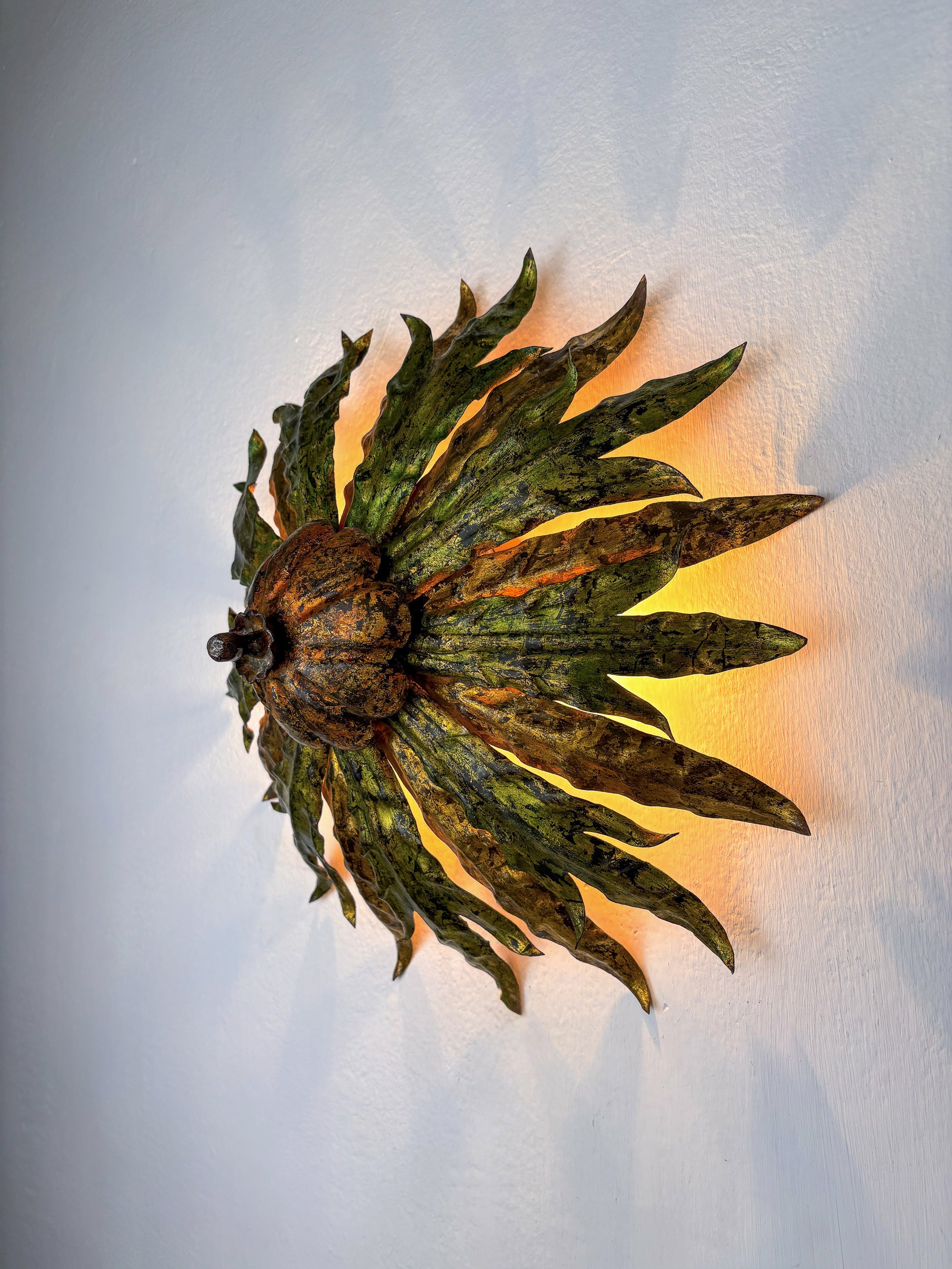 Mid-century Spanish Sunburst Foliage Ceiling Light Fixture or sconce, Green and Gilt Iron, 1950s