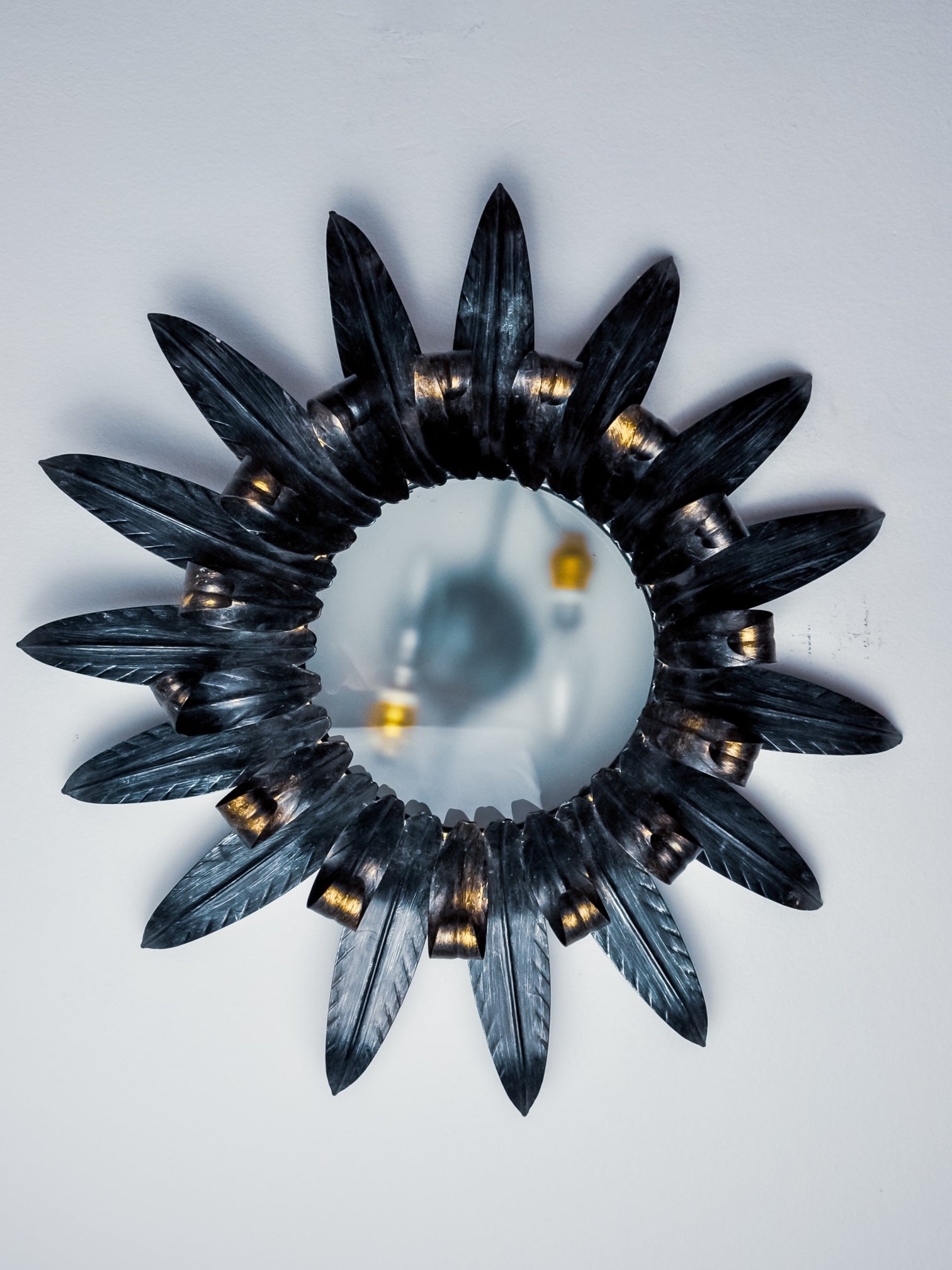 Large Sunburst Ceiling Light in Silvered Metal Leaves by Ferro Arte, Spain, 1960s