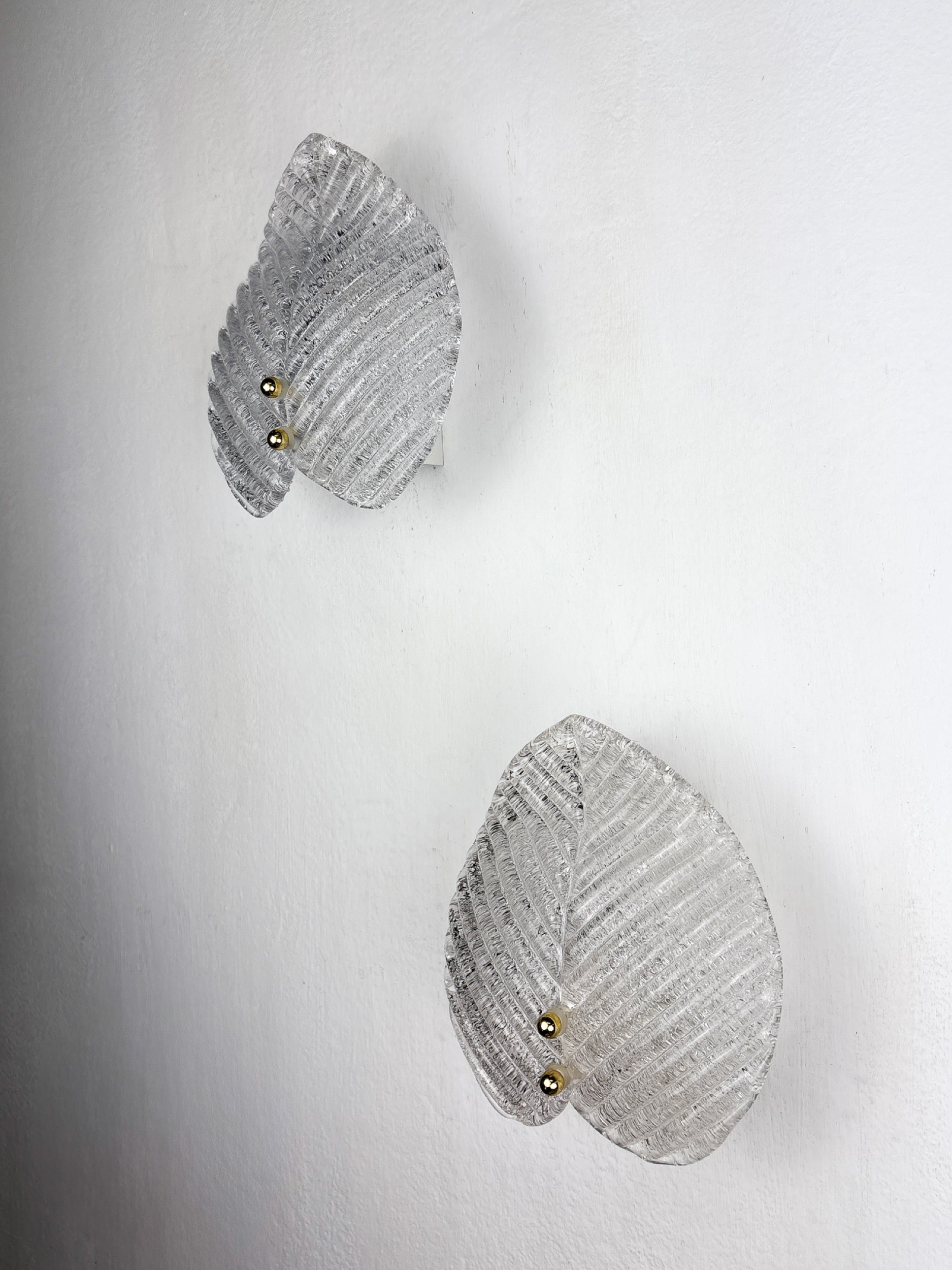 Pair of Murano Frosted Leaf Sconces, Textured Glass & Gilt details, Italy, 1970