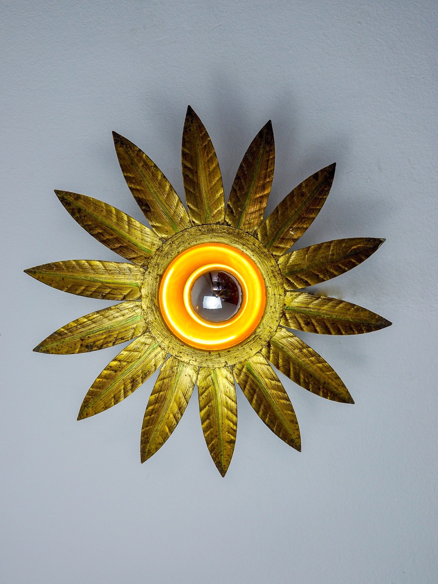 Midcentury Sunburst Floral Flush Mount Light Fixture, Gilt Iron, Spain, 1960's