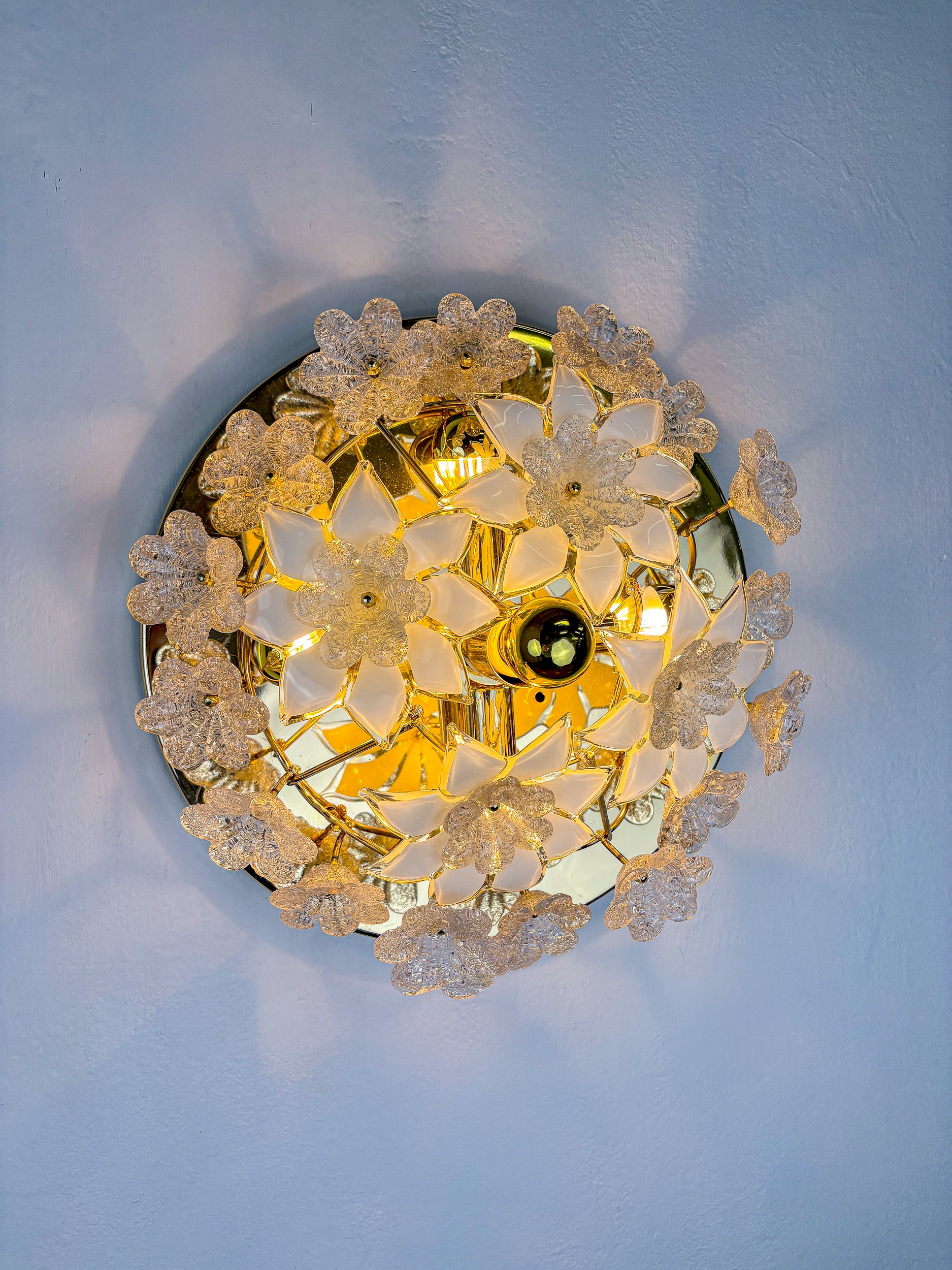 Large Italian Murano Glass White Frosted Flowers Ceiling Flush Mount, 1970s