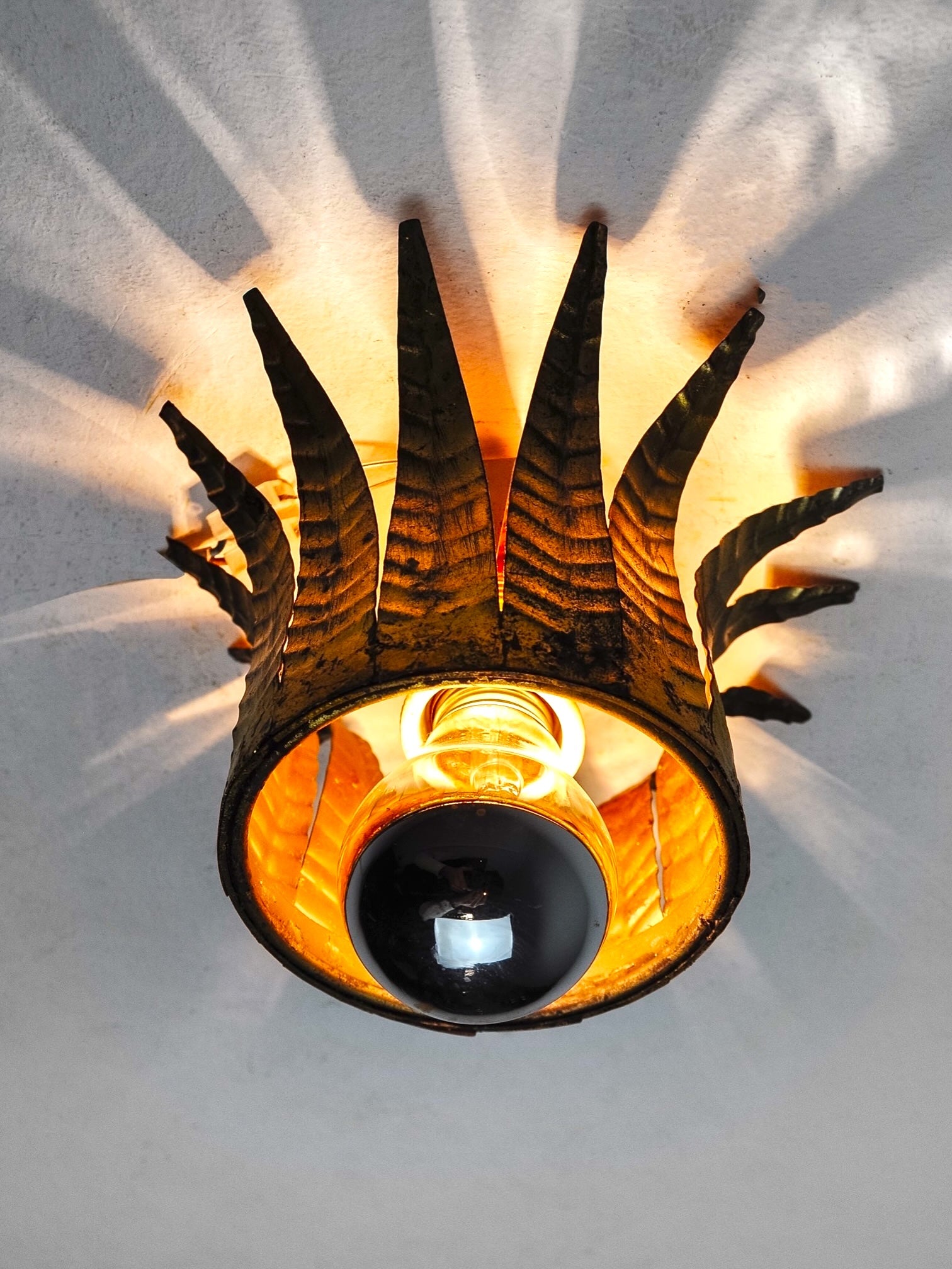 Sun Ceiling Light by Ferro Arte in Gilt Metal and Gold Leaf, Spain, 1960s
