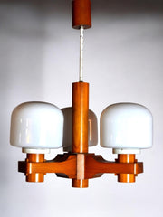 Nordic chandelier in wood and opaline Denmark 1970