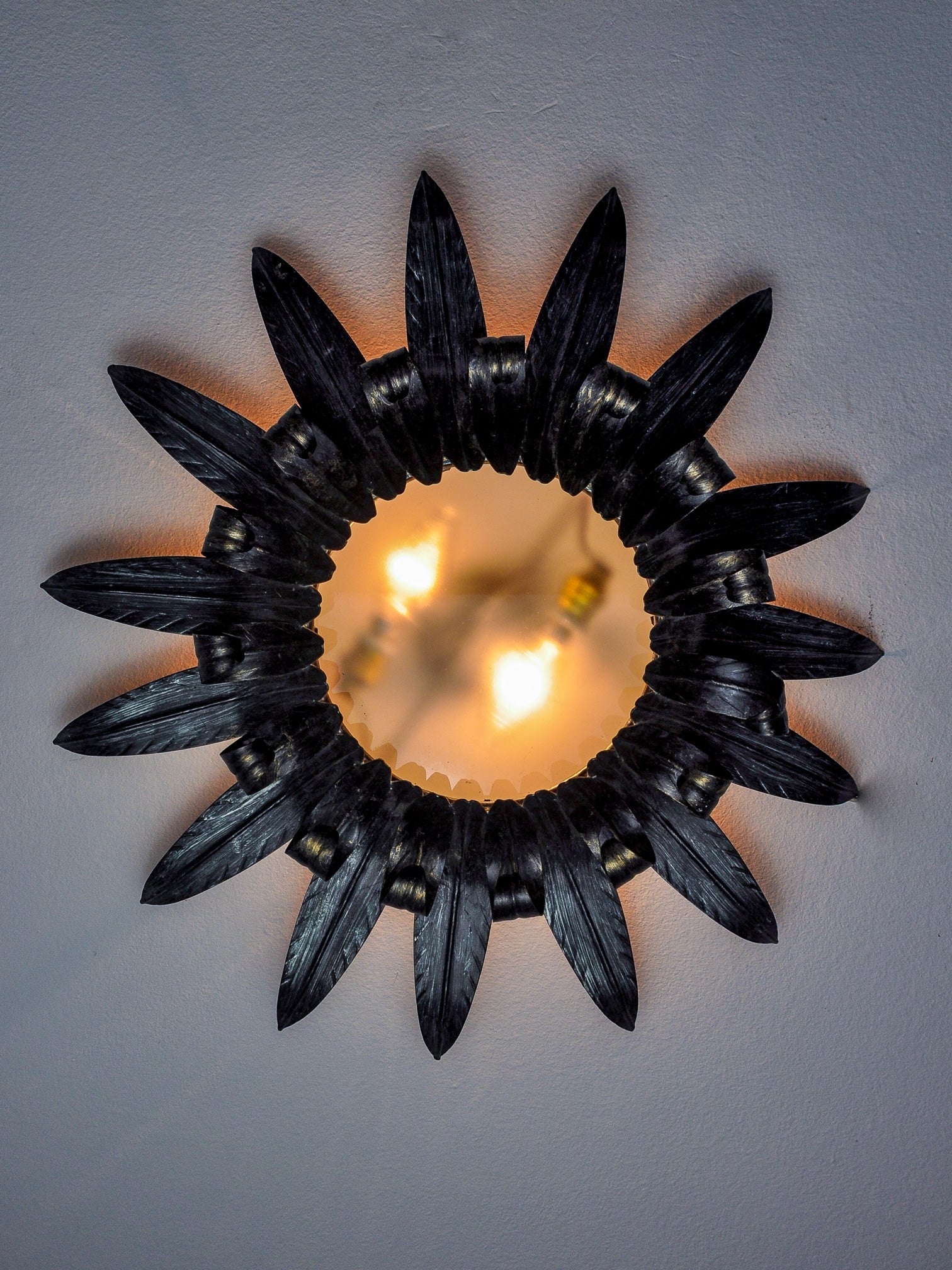Large Sunburst Ceiling Light in Silvered Metal Leaves by Ferro Arte, Spain, 1960s