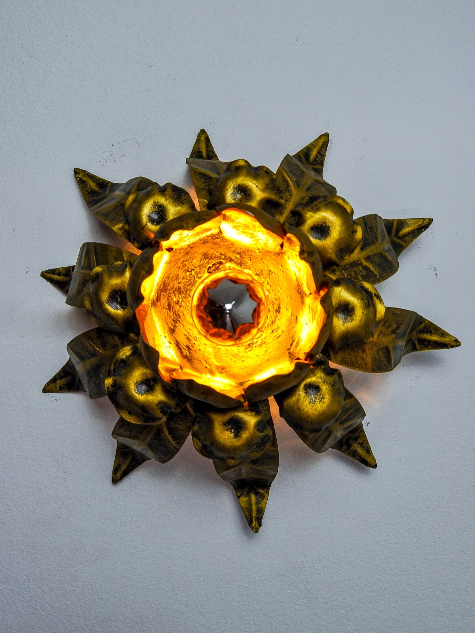 Ferro Art Spanish Sunburst Ceiling Light, Gilt Wrought Iron, 1960s