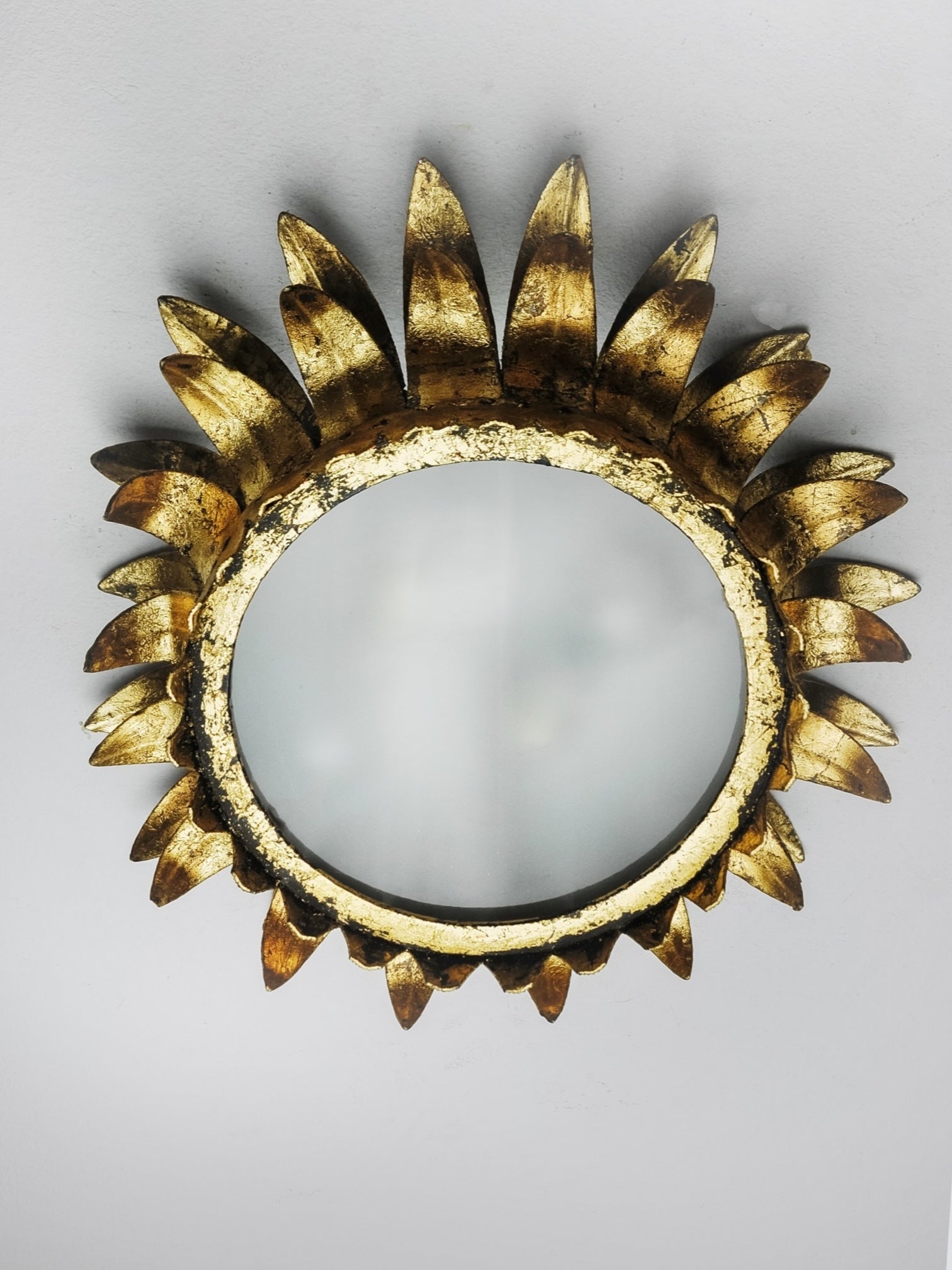 1960s Spanish Gilt Iron Sunburst Flush Mount Ceiling Light by Ferro Art