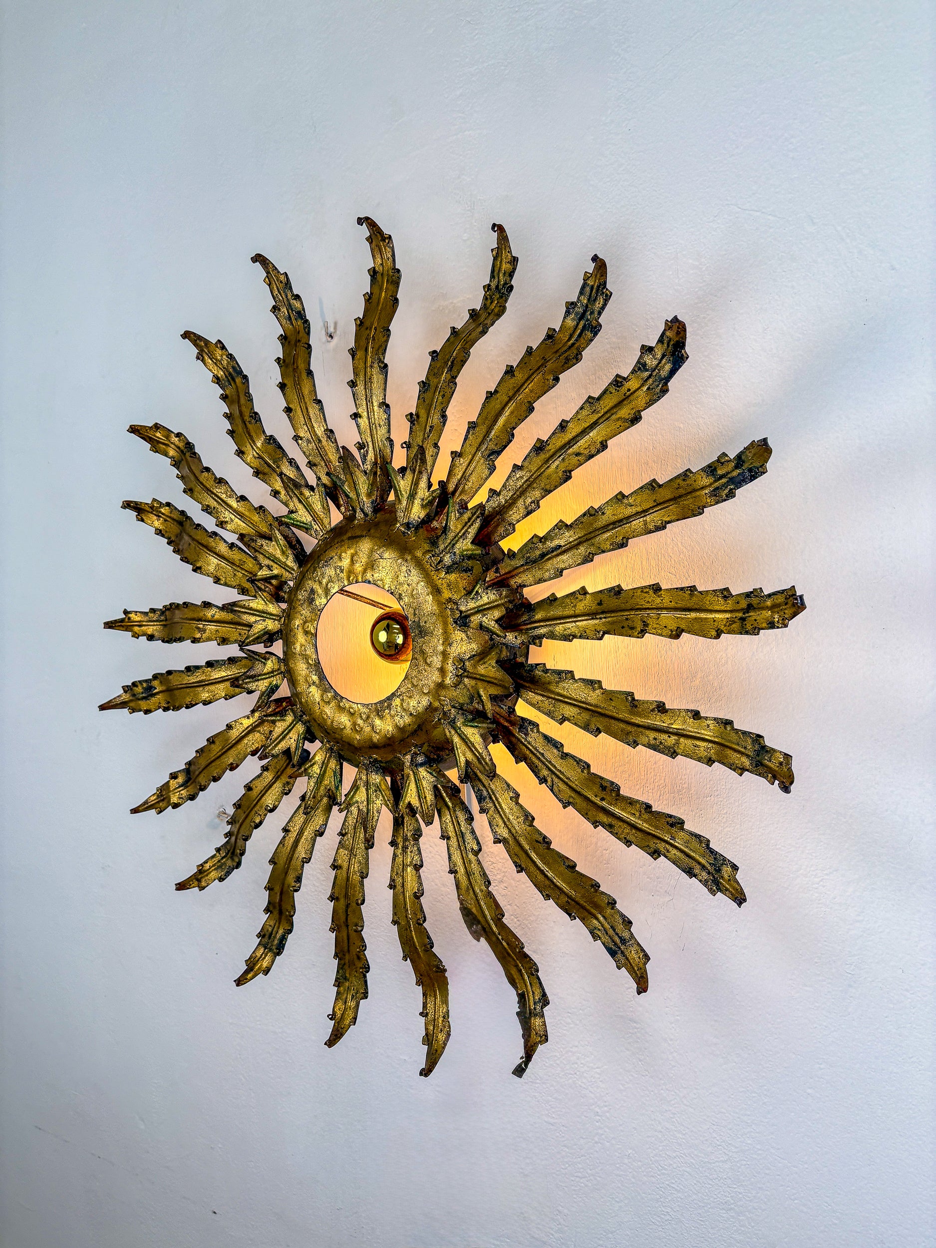 Large French Sunburst Flower Leafed Light Fixture in Gilt Metal, 1960's
