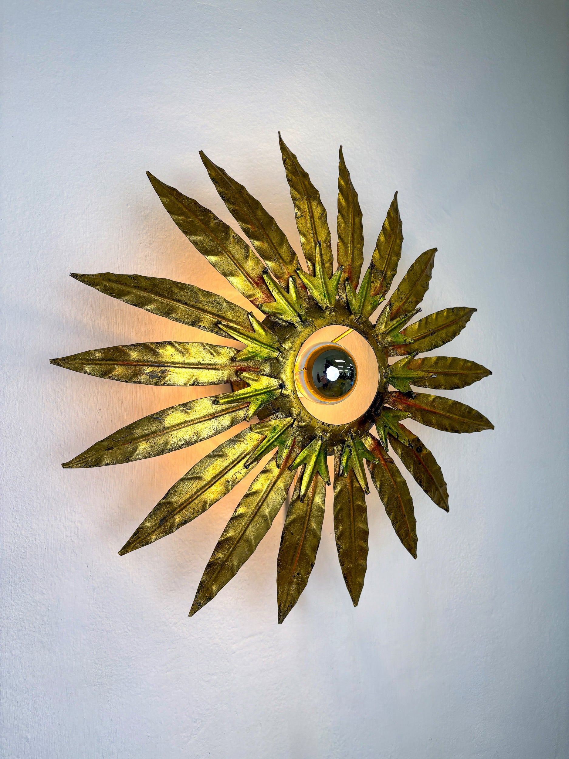 Mid-Century Modern Sunburst Light Fixture with Leaves, French Craftmanship, 1950's
