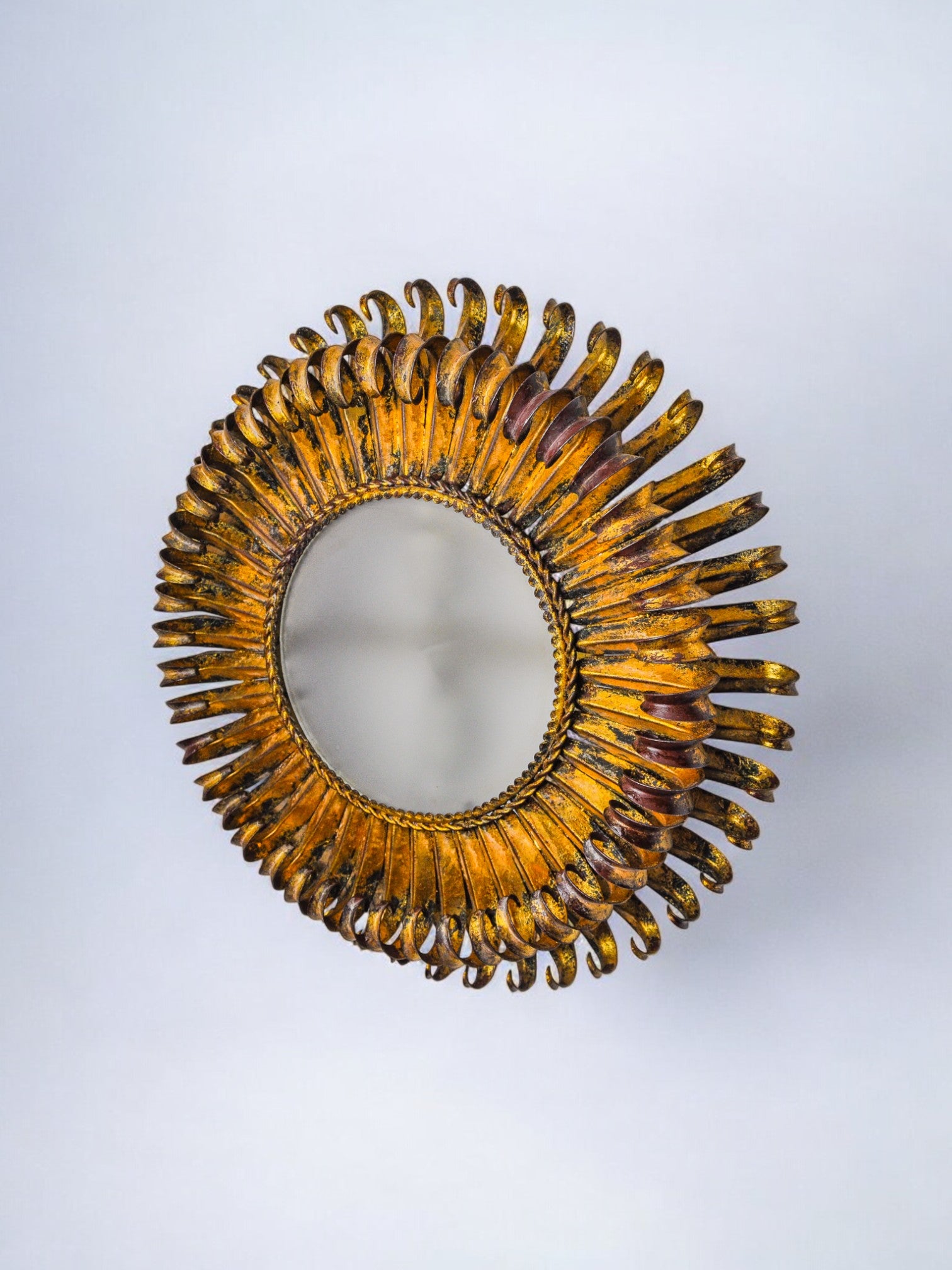 Spanish Sunburst Ceiling Light in Gilt Metal with Curled Floral Rays, 1960s