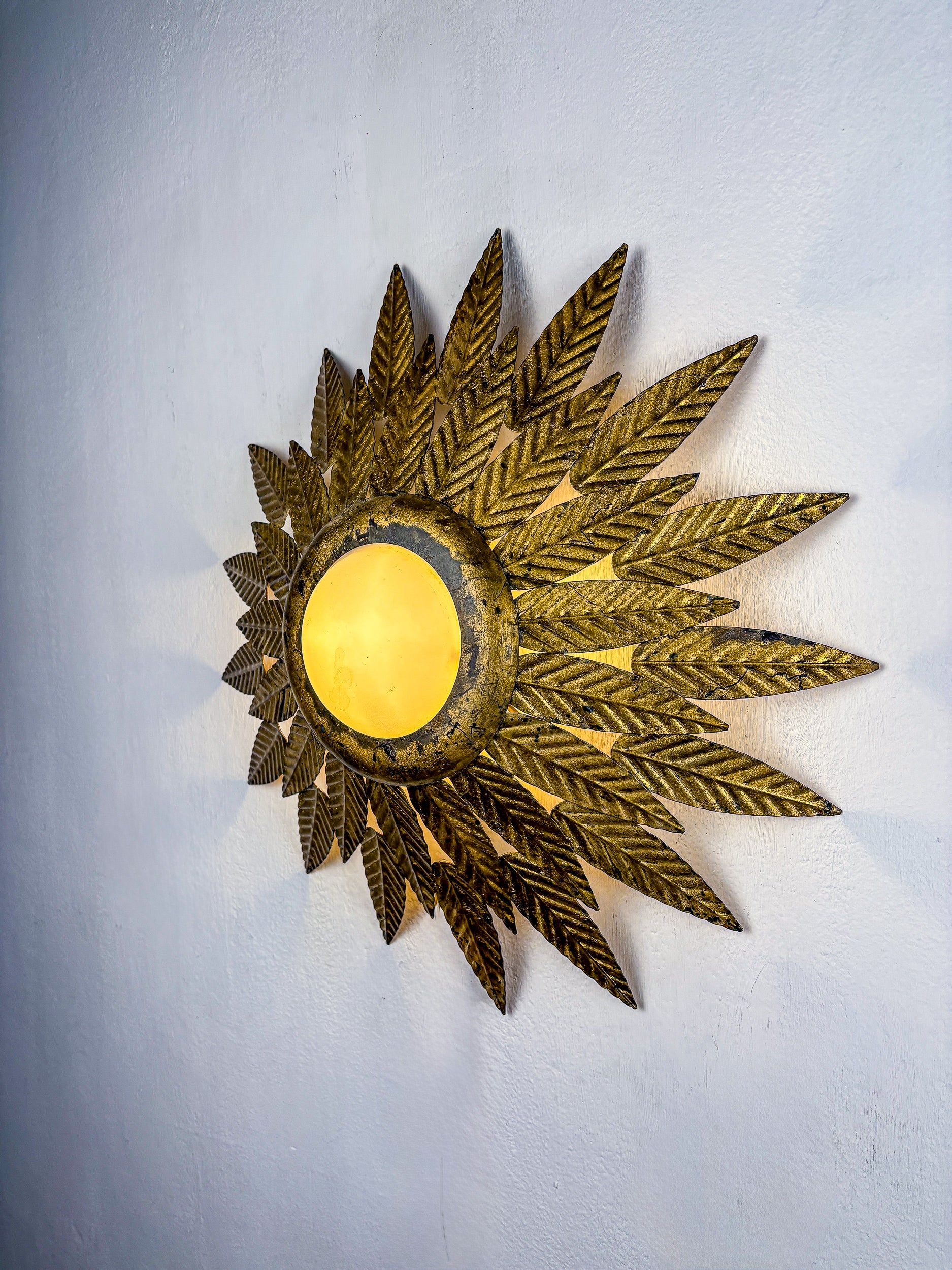 Flower Sunburst Ceiling Light Fixture, Gold Leaf Gilt Iron & Milk Glass, Spain, 1950s