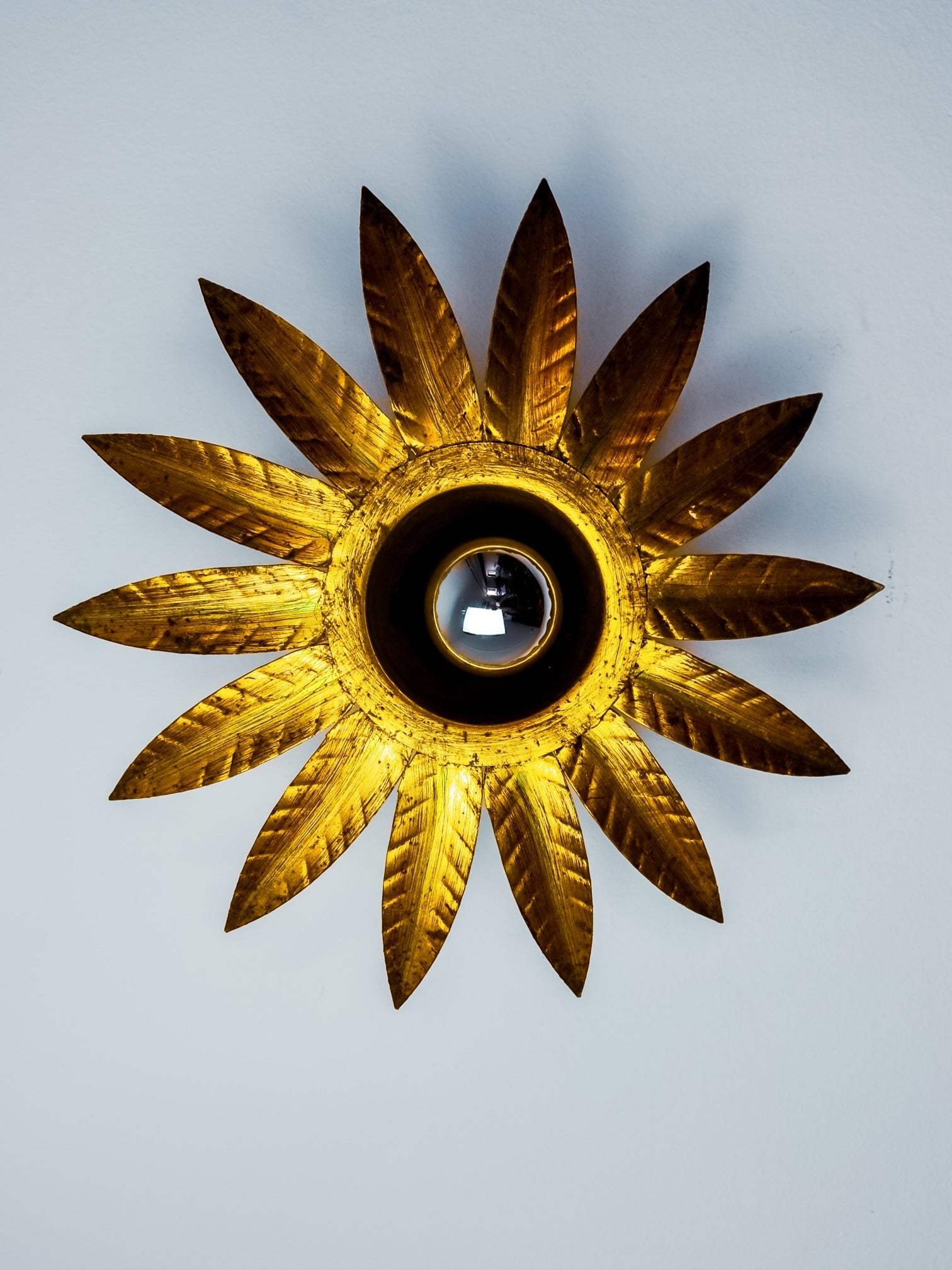 Midcentury Sunburst Floral Flush Mount Light Fixture, Gilt Iron, Spain, 1960's