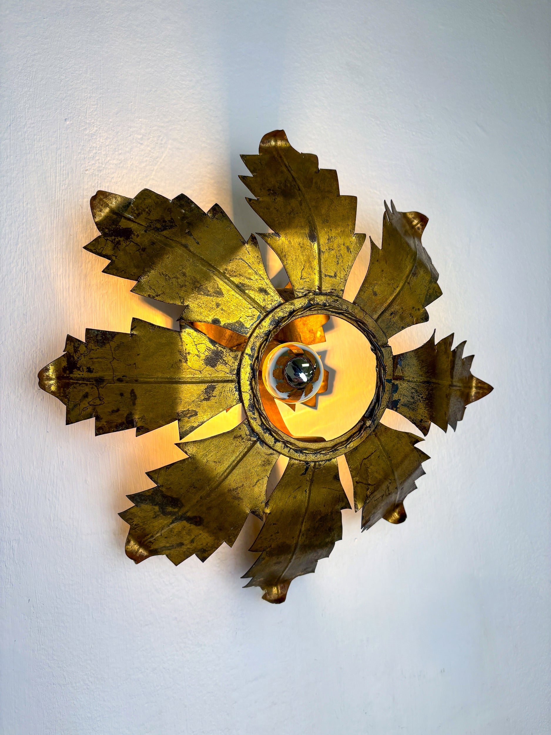 Spanish Sunburst Flush Mount Light Fixture in Gilt Iron, Circa 1970's