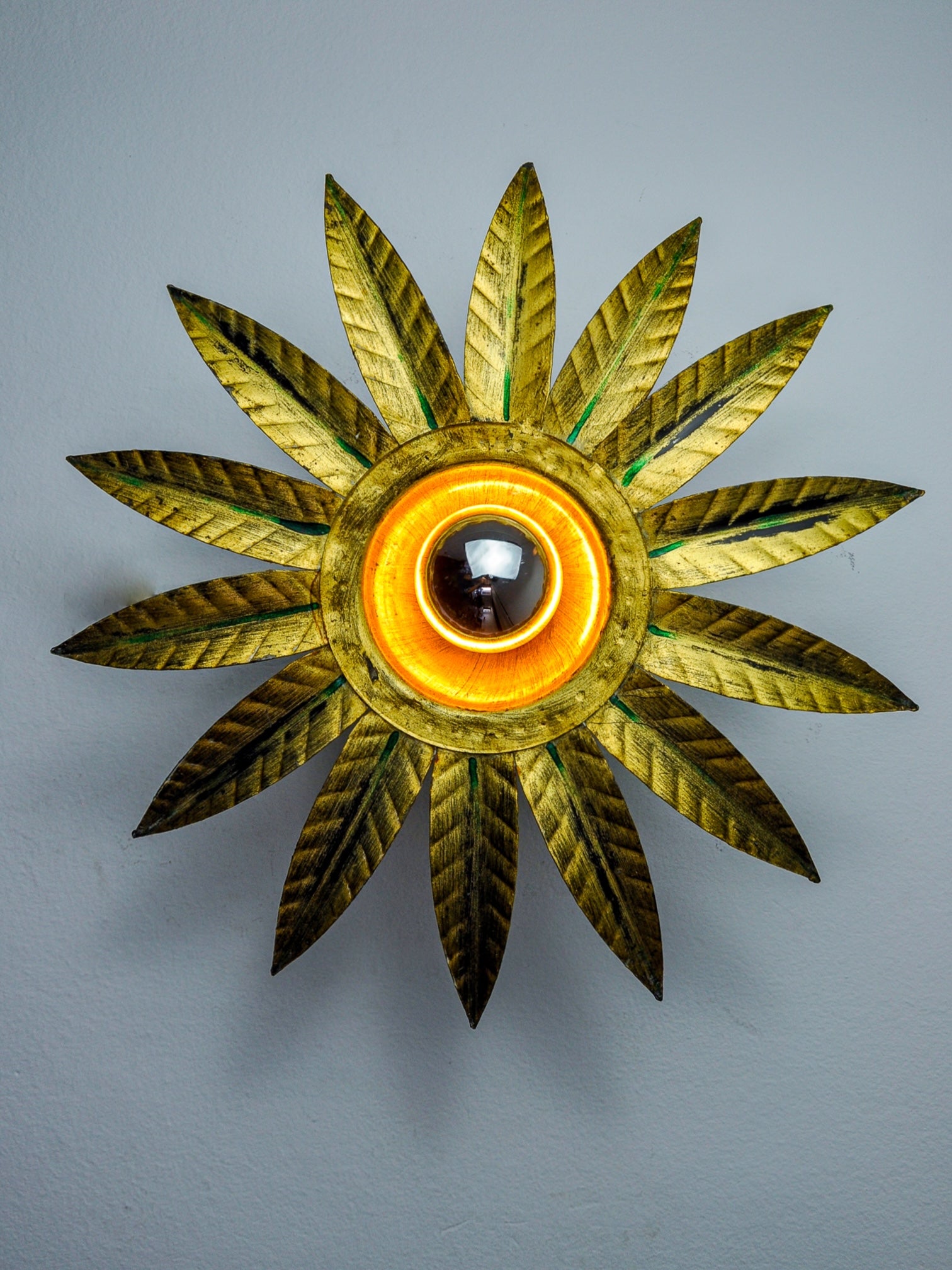 Mid-Century Spanish Sunburst Flush Mount Light in Gold Iron by Ferro Art