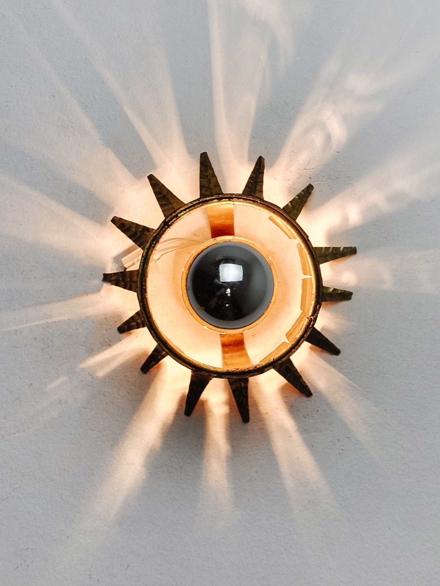 Sun Ceiling Light by Ferro Arte in Gilt Metal and Gold Leaf, Spain, 1960s