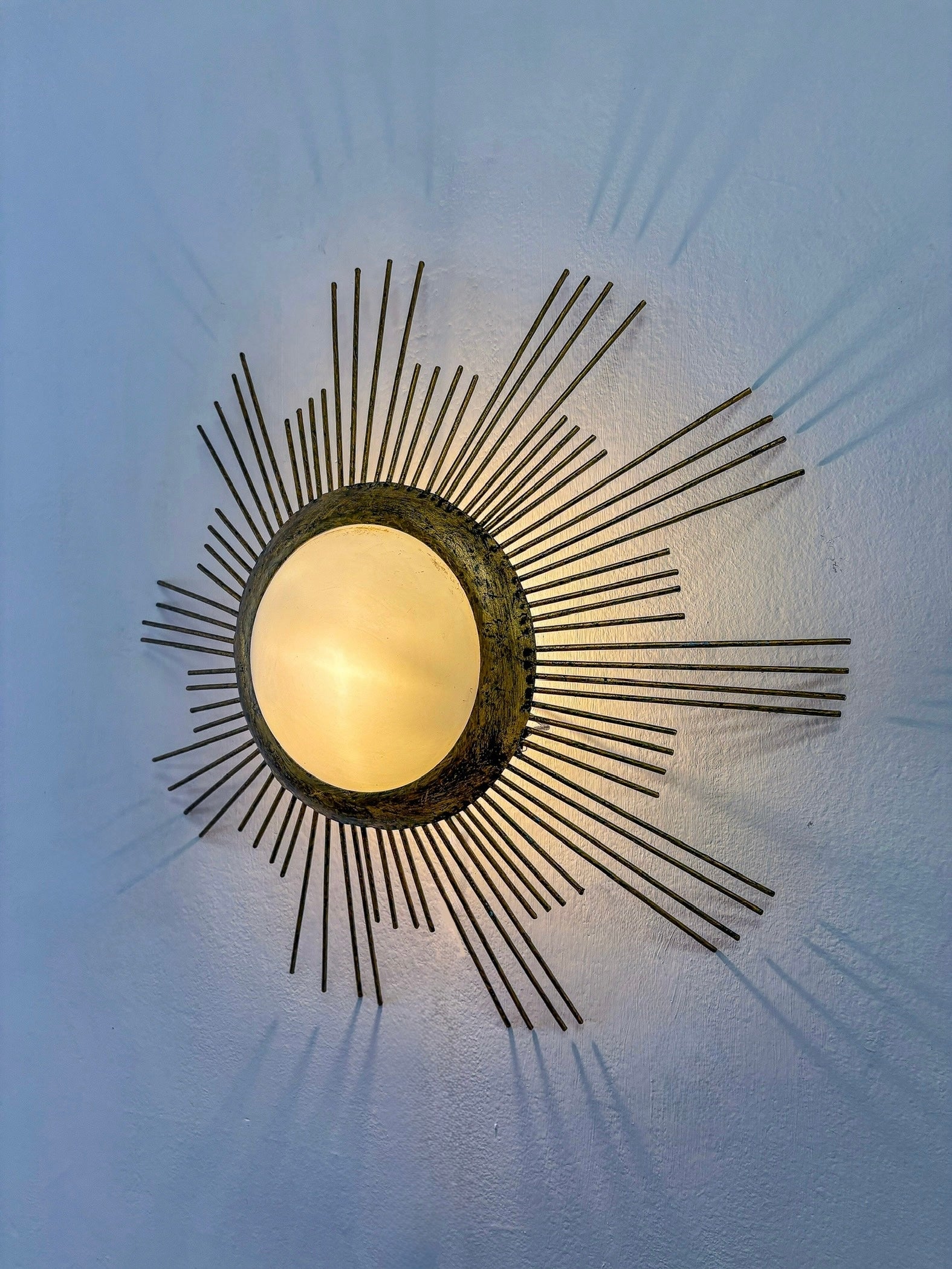 Large Sunburst Brutalist Ceiling Flush Mount or Pendant – Gilt Iron Rays & Opaline, France, 1950s