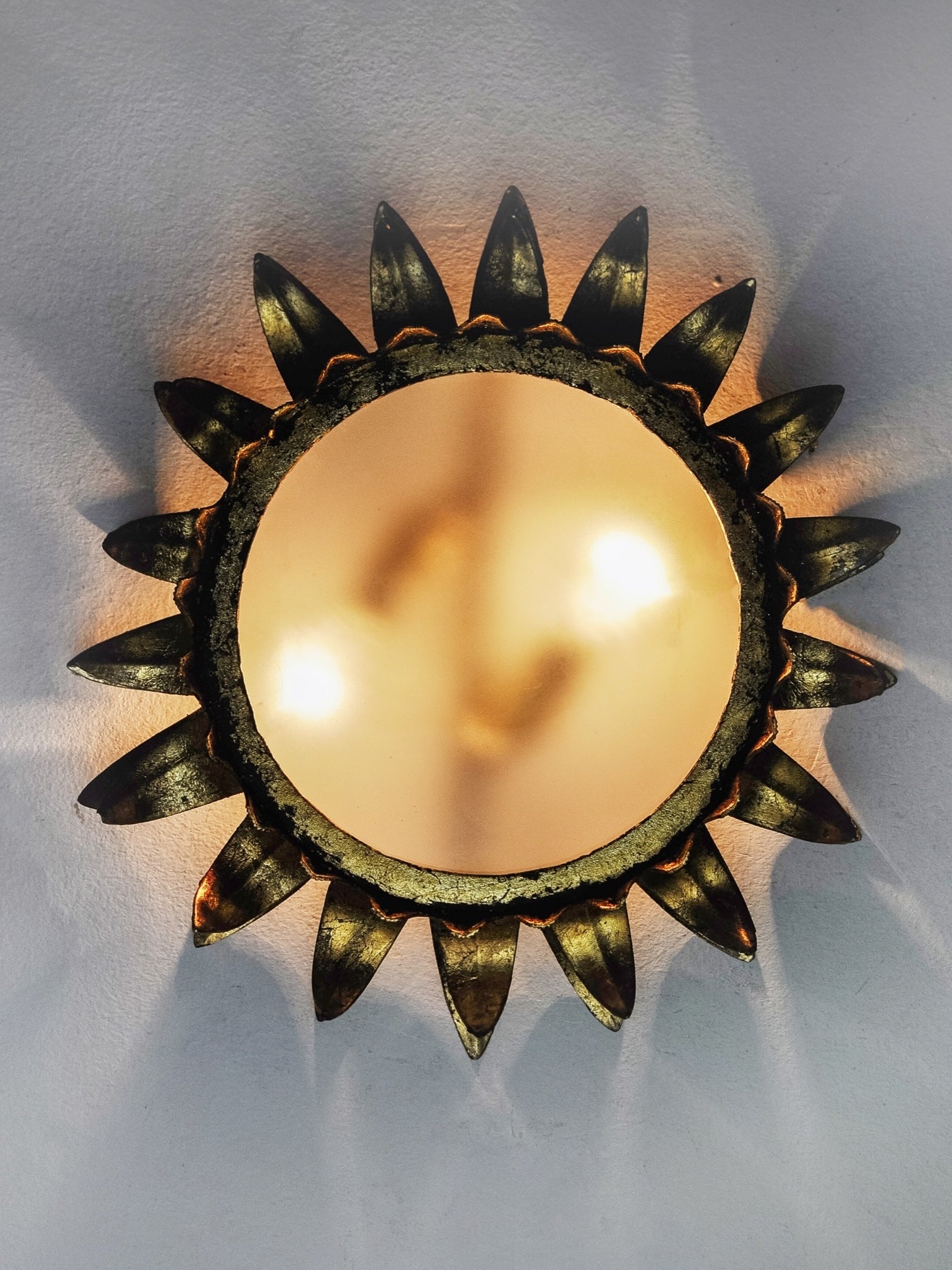 1960s Spanish Gilt Iron Sunburst Flush Mount Ceiling Light by Ferro Art