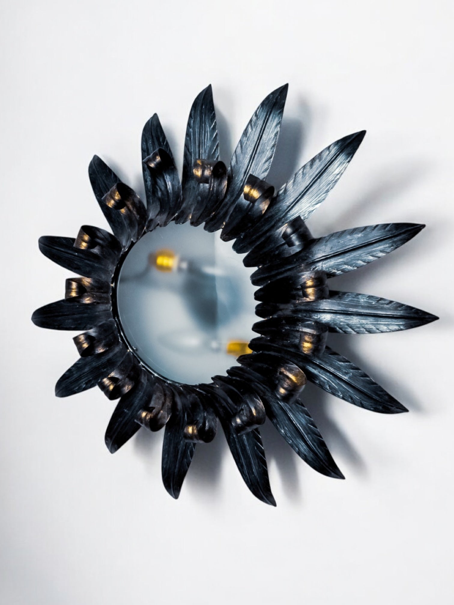 Large Sunburst Ceiling Light in Silvered Metal Leaves by Ferro Arte, Spain, 1960s
