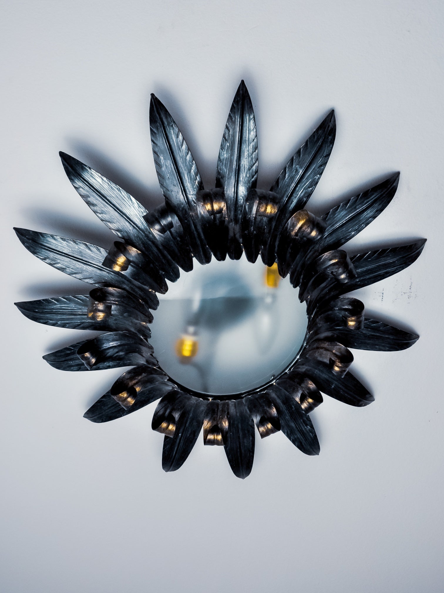 Large Sunburst Ceiling Light in Silvered Metal Leaves by Ferro Arte, Spain, 1960s