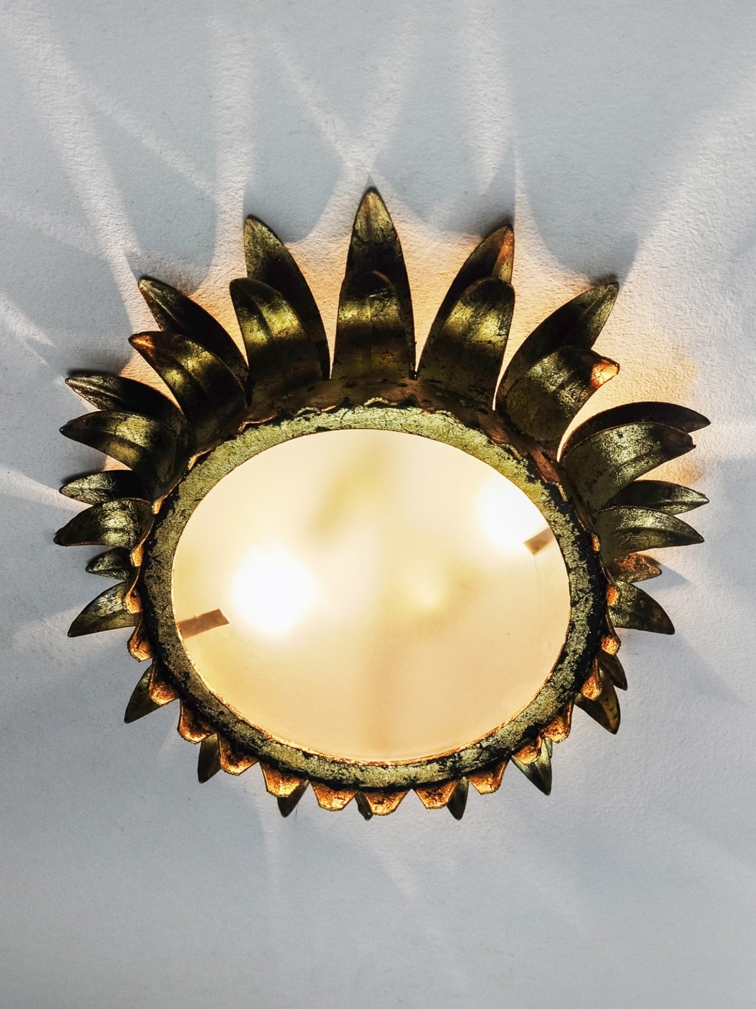 1960s Spanish Gilt Iron Sunburst Flush Mount Ceiling Light by Ferro Art