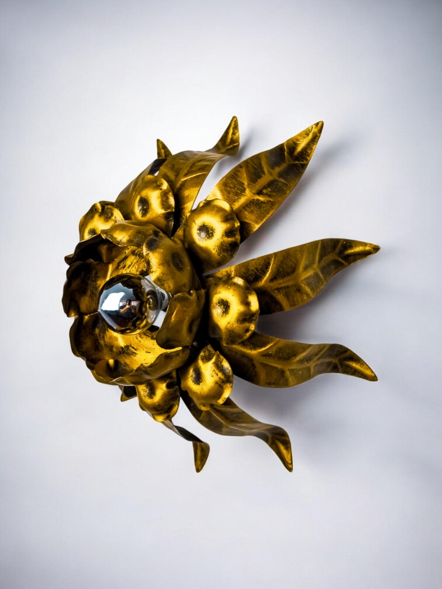 Ferro Art Spanish Sunburst Ceiling Light, Gilt Wrought Iron, 1960s